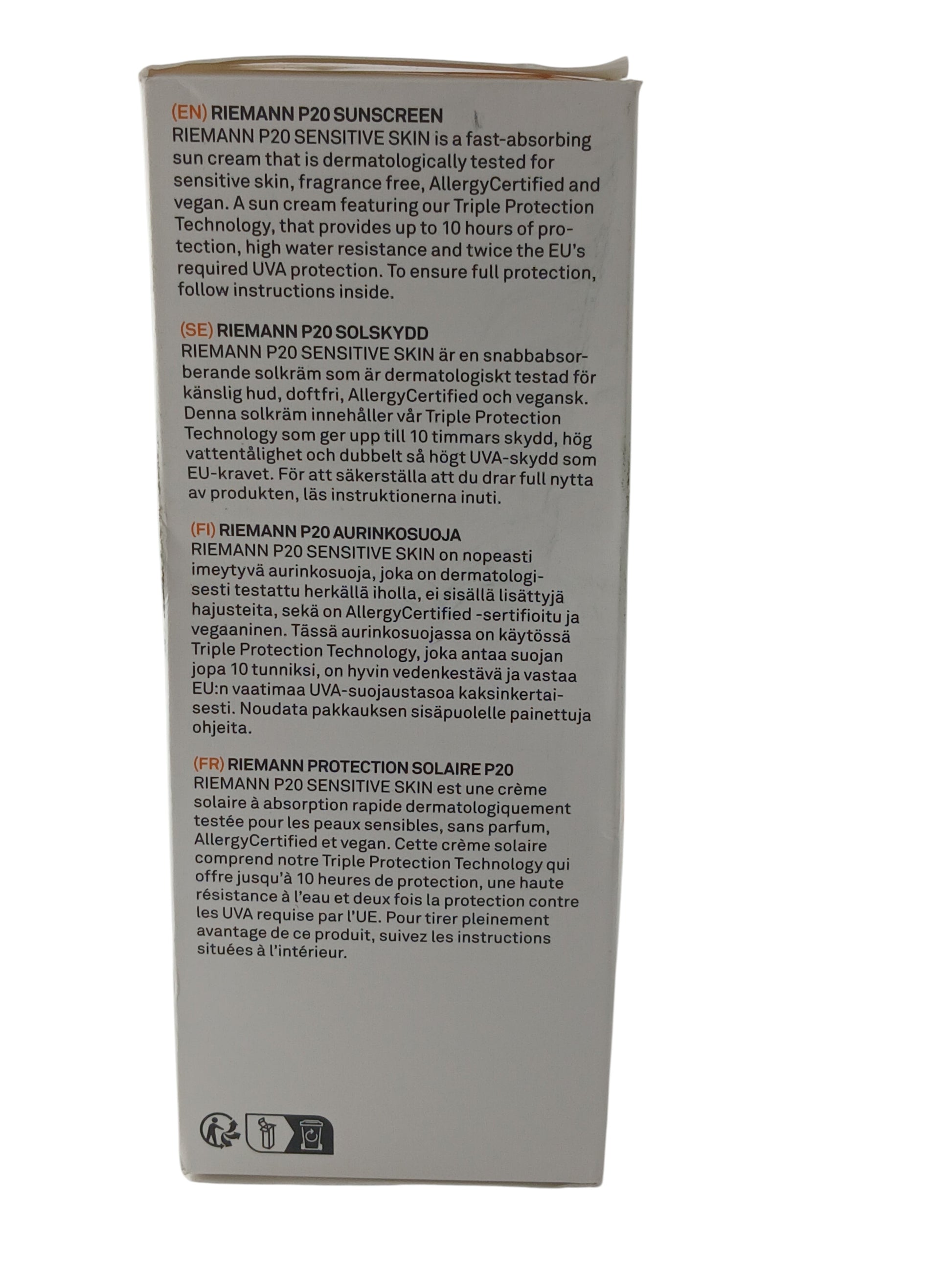 Department Store UK Riemann P20 SPF 50+ sunscreen packaging side view with multilingual product information