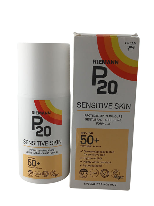 Department Store UK Riemann P20 Sensitive Skin SPF 50+ sunscreen cream bottle and box with 10-hour protection.
