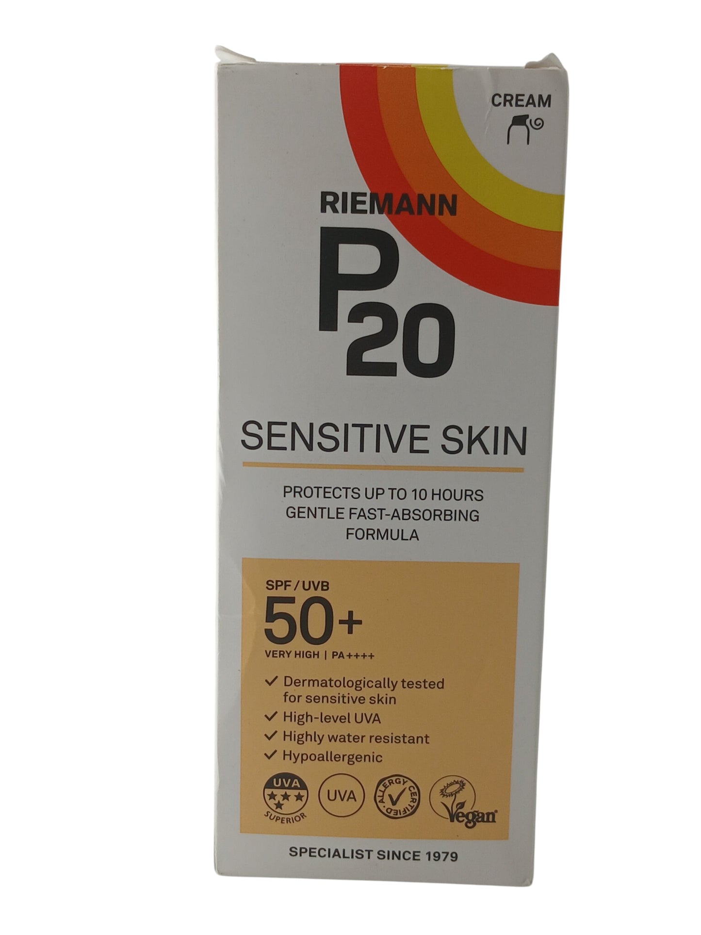Department Store UK Riemann P20 SPF 50+ Sensitive Skin sunscreen cream in a 200ml white bottle with orange branding.