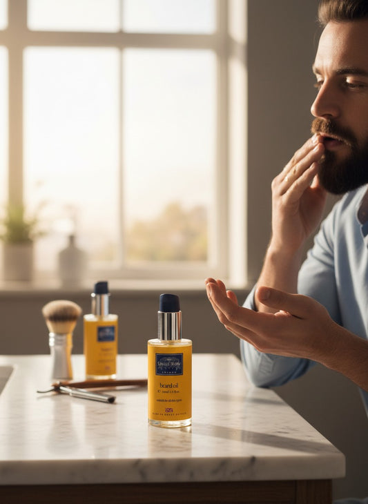 Department Store UK Savile Row London Mayfair beard oil twin pack with a man applying product in a bright room
