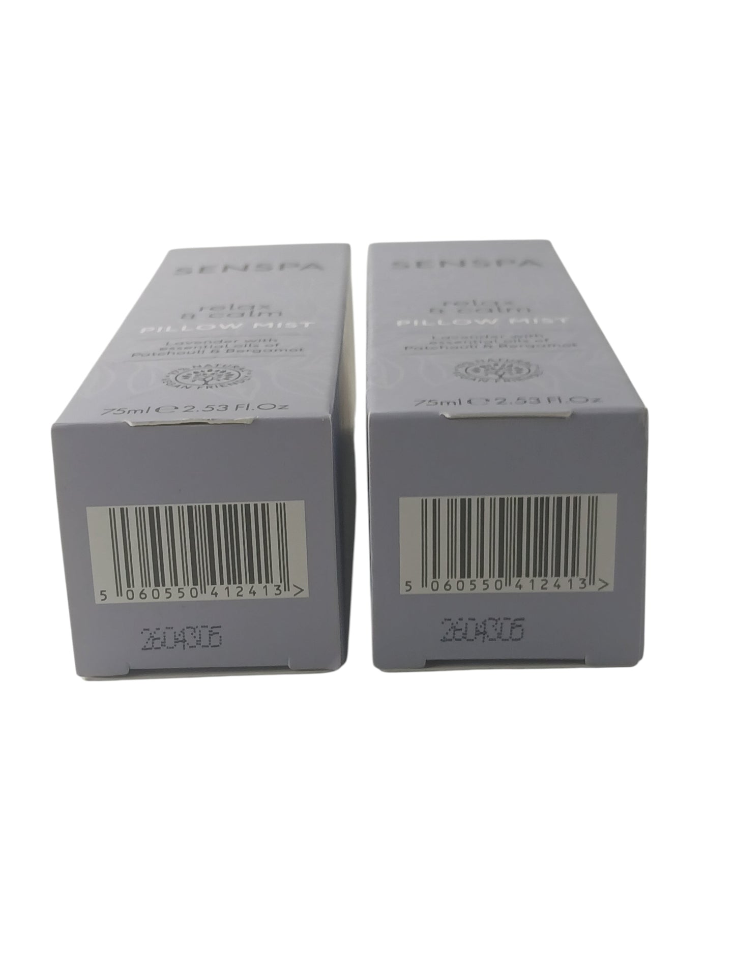 Department Store UK SENSPA Relax & Calm lavender pillow mist twin pack in light purple boxes with barcodes