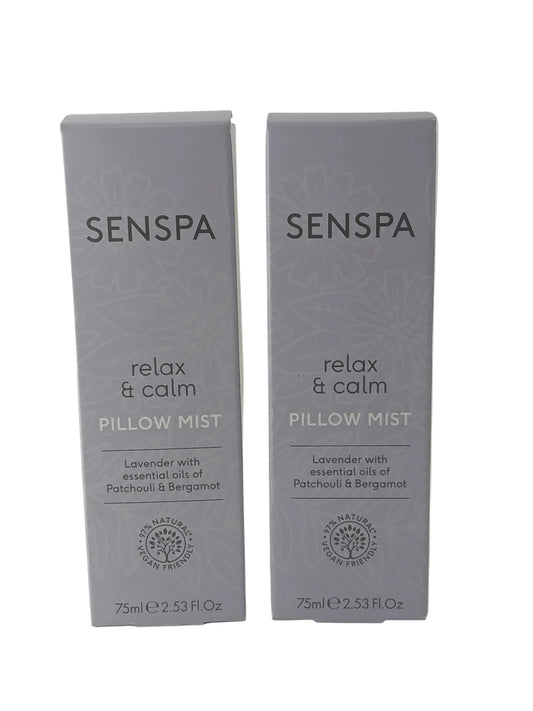 Department Store UK SENSPA Relax & Calm lavender pillow mist twin pack with patchouli and bergamot essential oils.