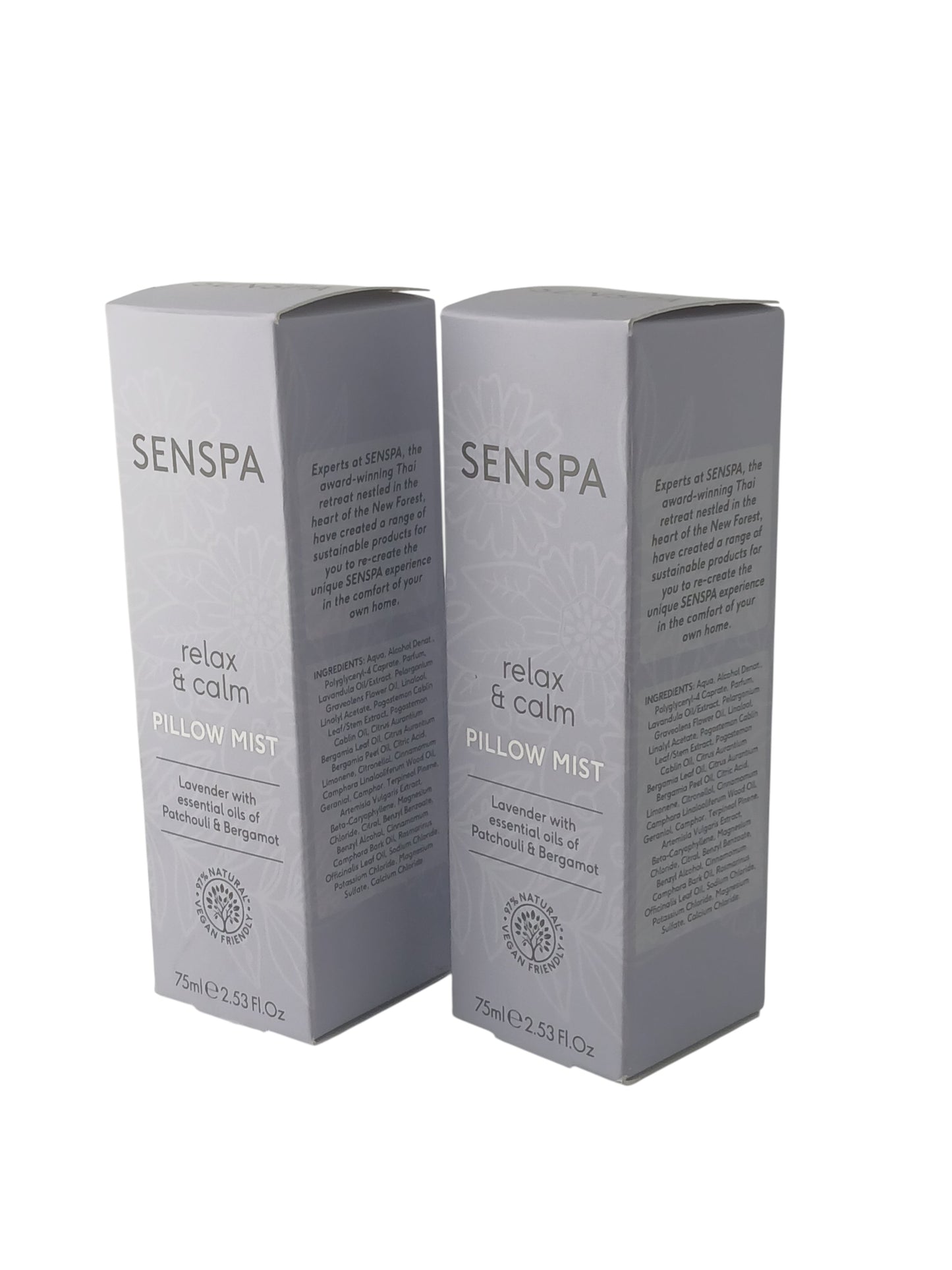 Department Store UK SENSPA Relax & Calm lavender pillow mist twin pack in grey boxes with essential oils