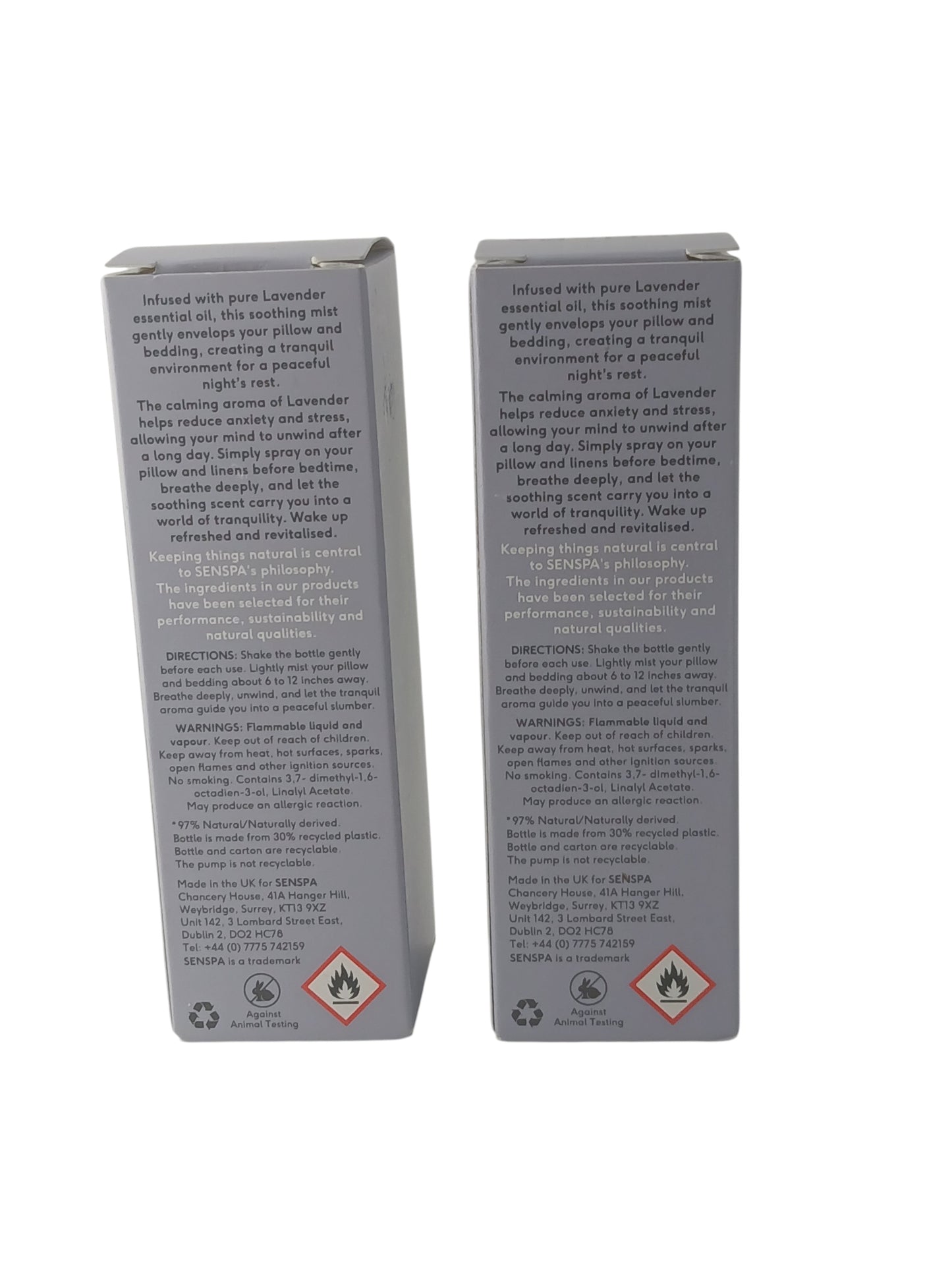Department Store UK SENSPA Relax & Calm lavender pillow mist twin pack boxes showing ingredients and directions