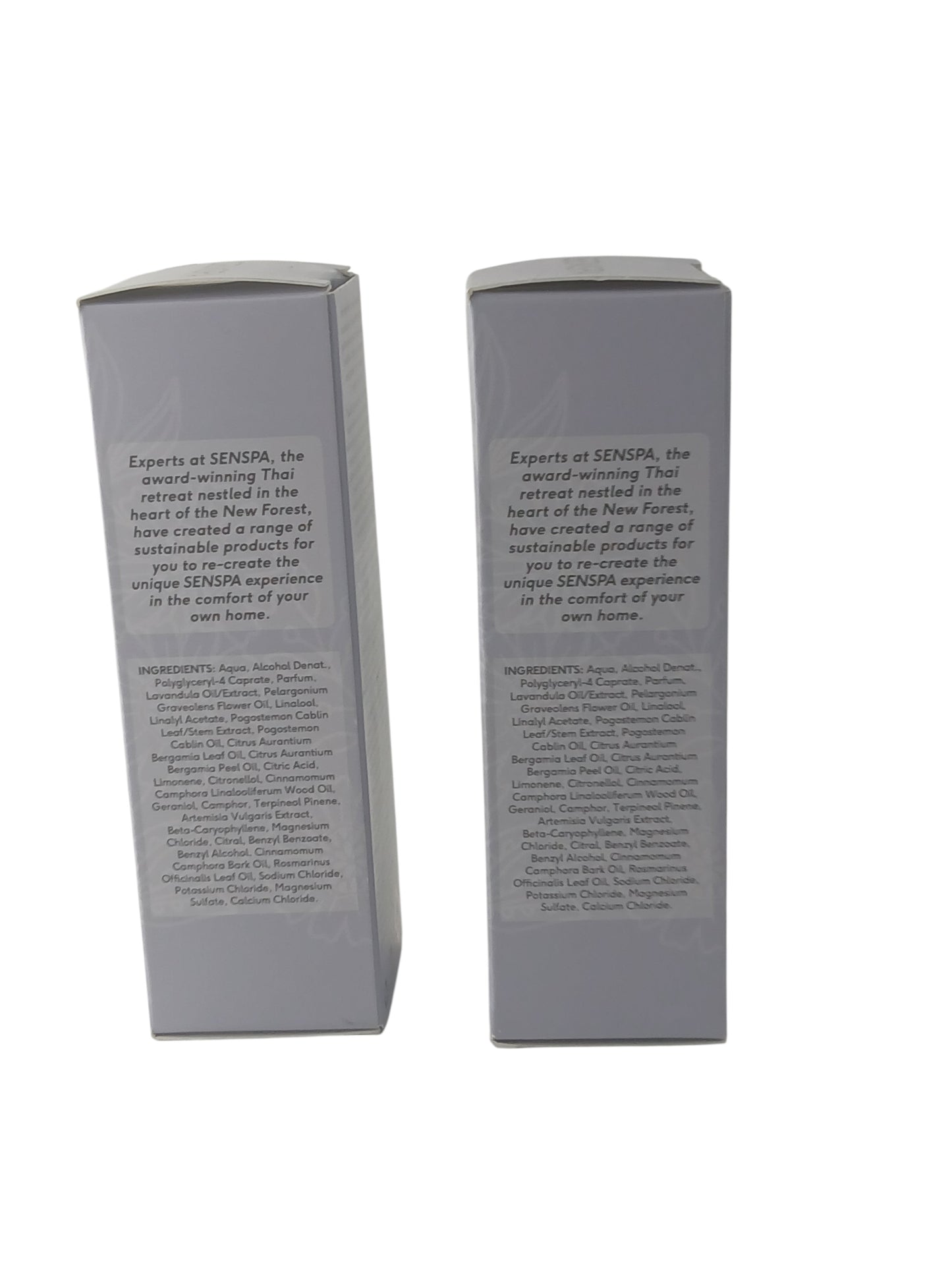 Department Store UK SENSPA Relax & Calm lavender pillow mist twin pack bottles showing ingredient lists