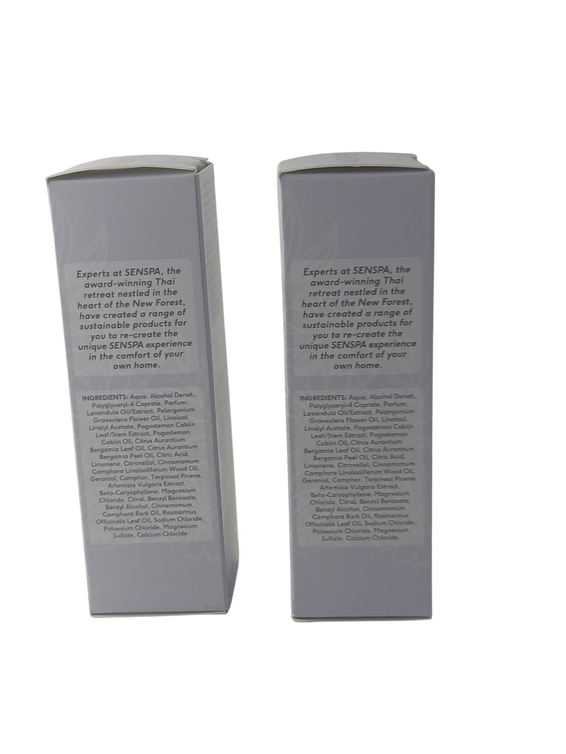 Department Store UK SENSPA Relax & Calm lavender pillow mist twin pack bottles showing ingredient lists