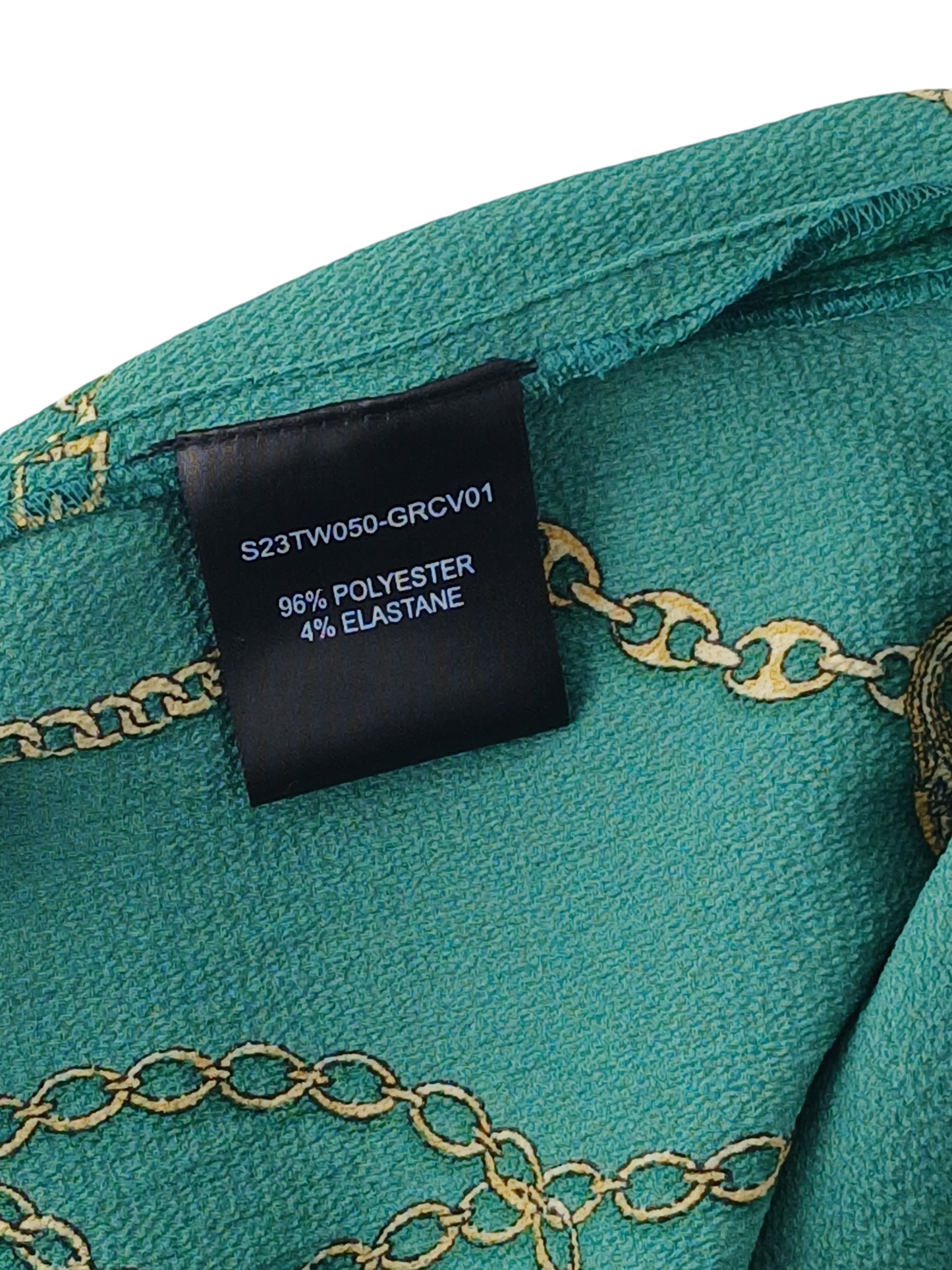 Department Store UK Sosandar blouse fabric care label showing polyester and elastane composition with rope print