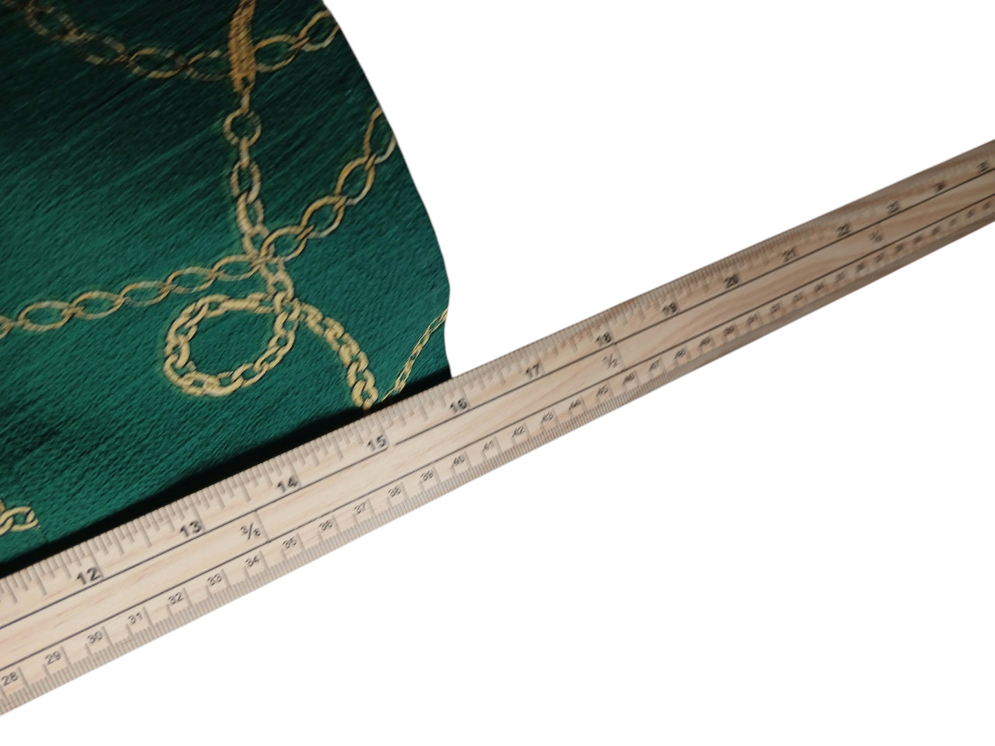Department Store UK Sosandar green and gold rope print blouse fabric detail with a wooden ruler for scale