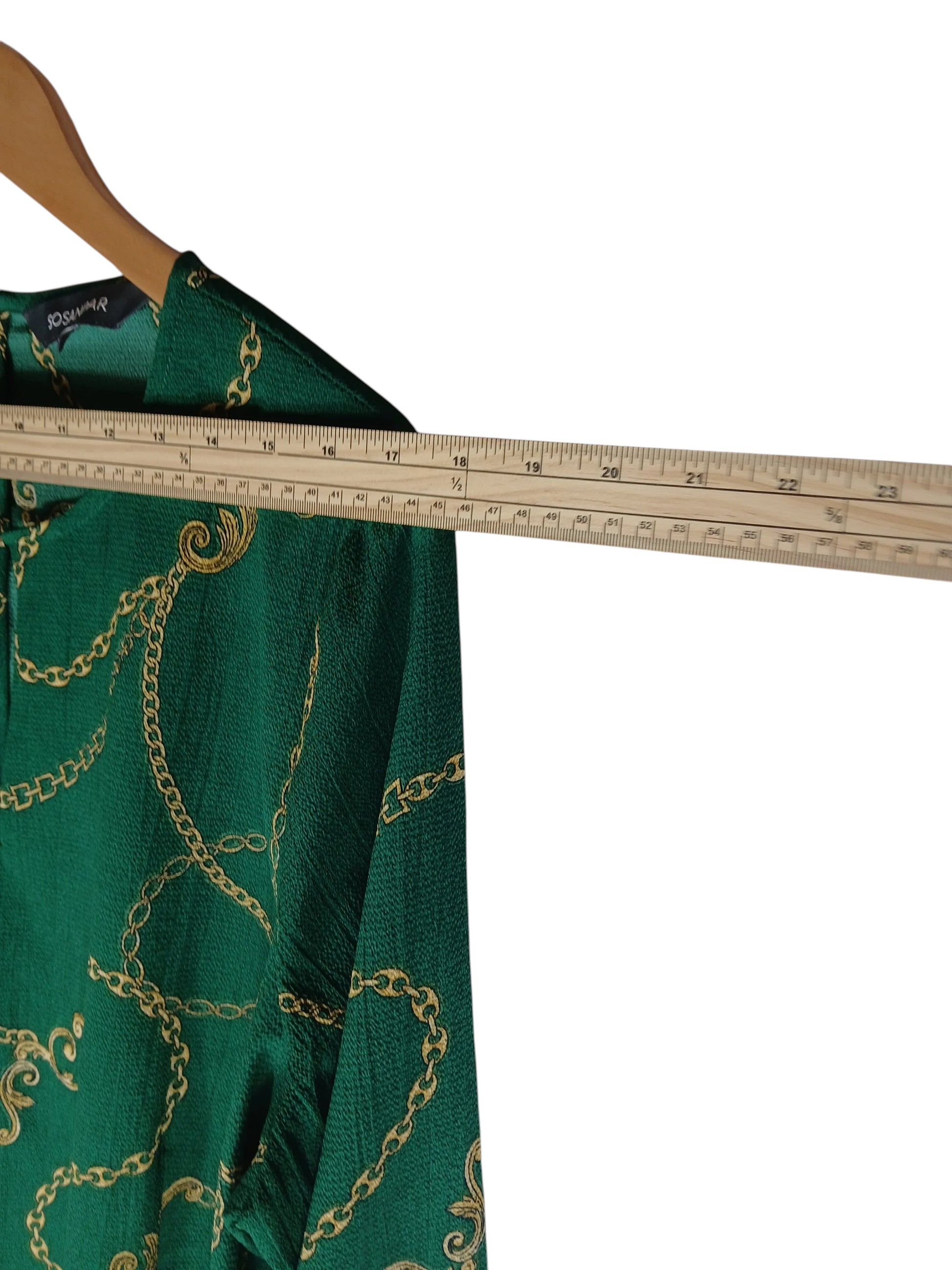Department Store UK pre-loved Sosandar green and gold rope print blouse on a hanger with a measuring ruler