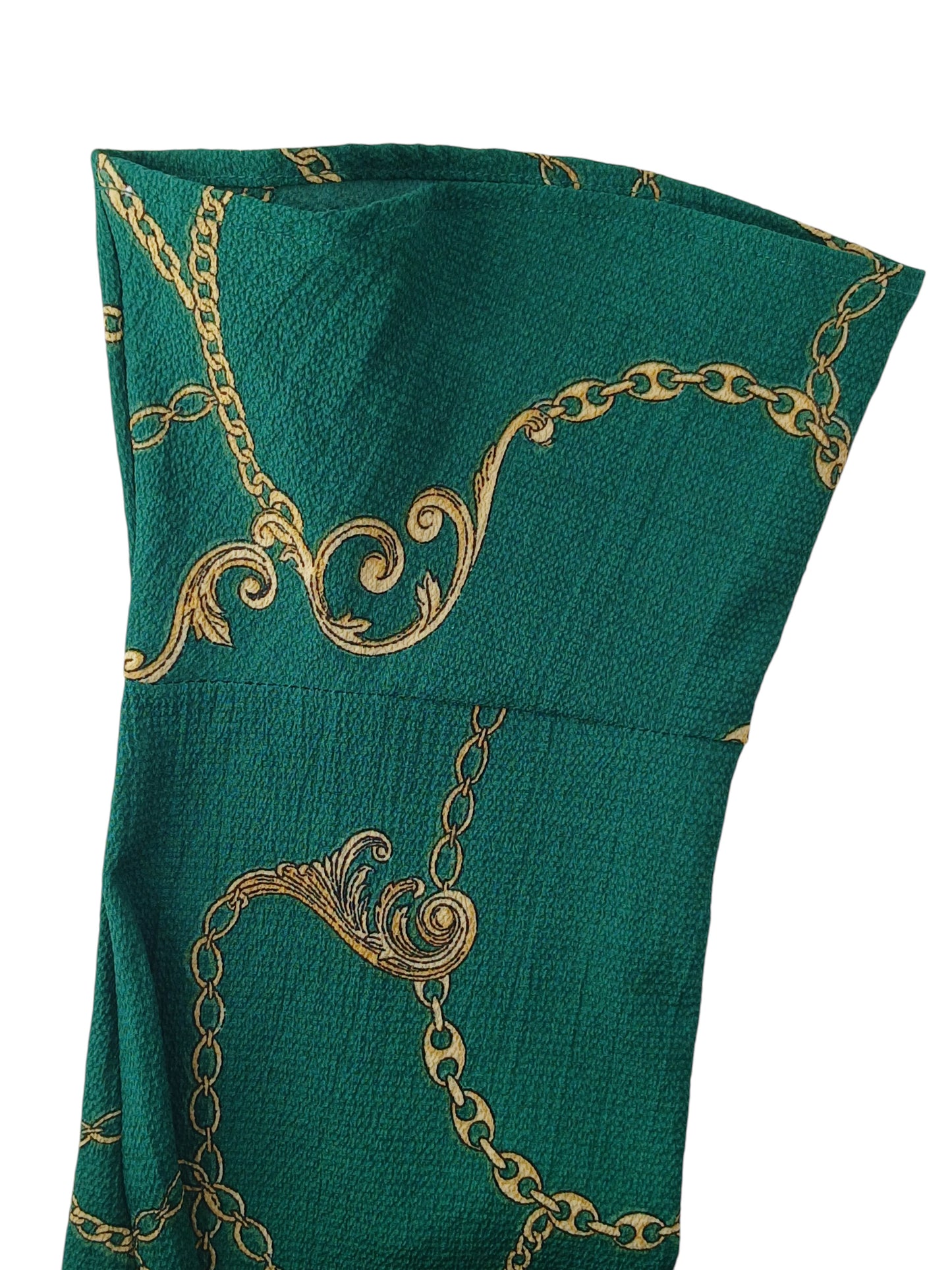 Department Store UK pre-loved Sosandar blouse in green with a gold rope and chain print pattern