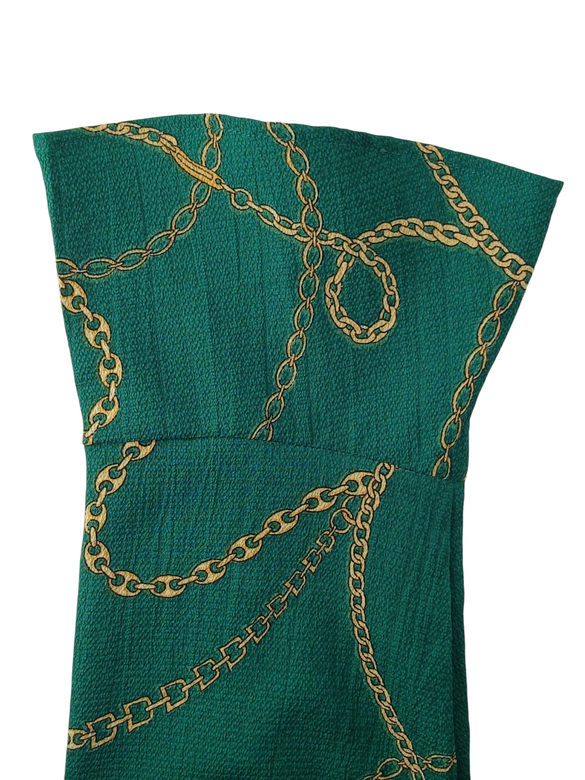 Department Store UK pre-loved Sosandar blouse in green with a gold rope and chain print pattern
