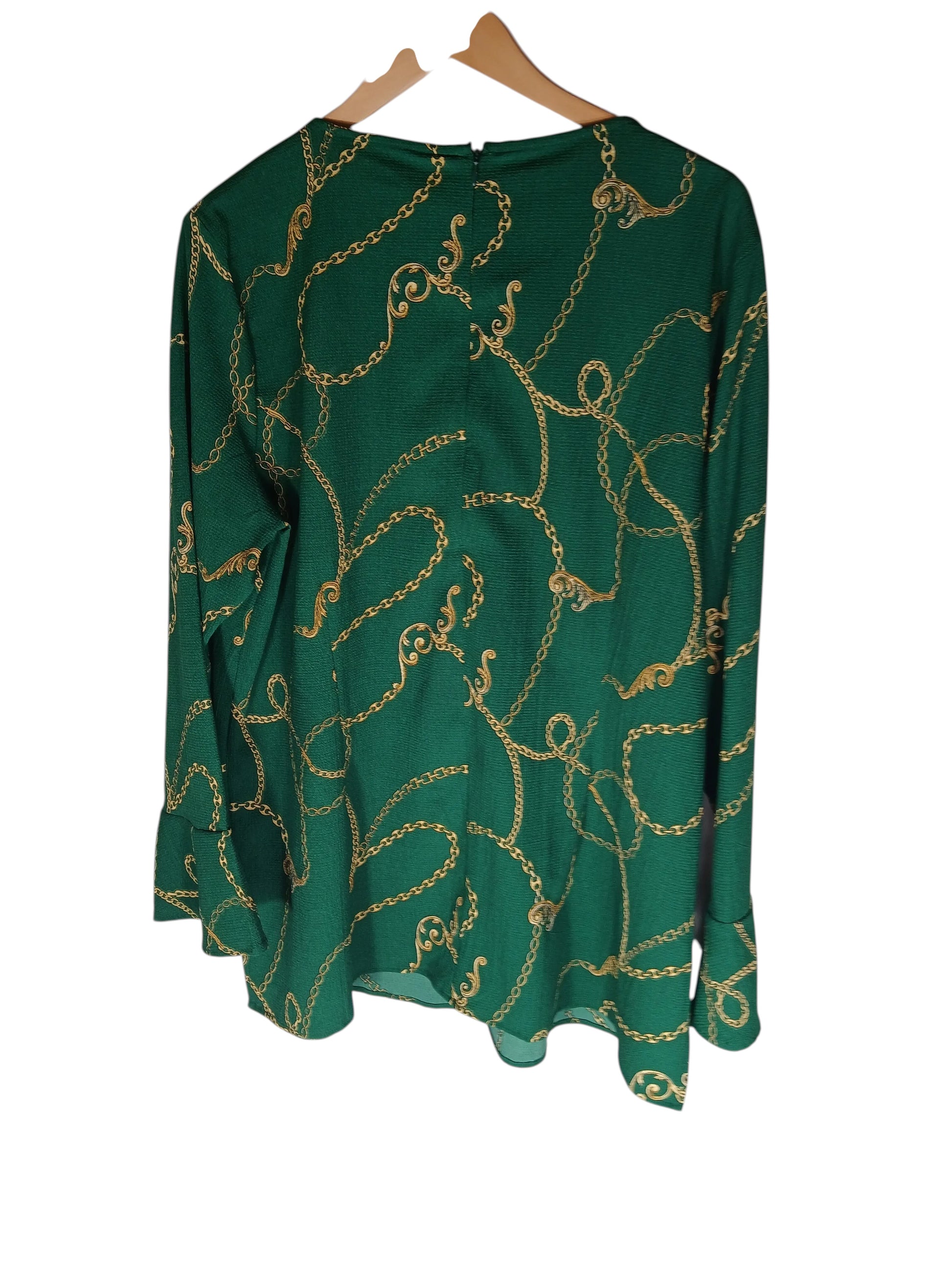 Department Store UK pre-loved Sosandar green blouse with a gold rope and chain print pattern.
