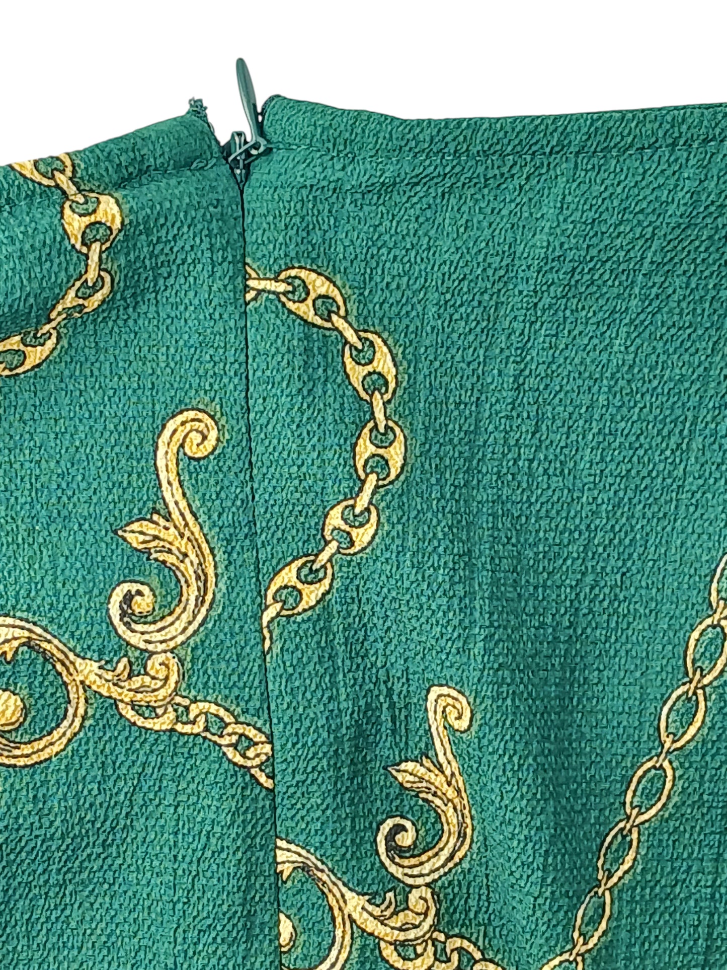 Department Store UK pre-loved Sosandar blouse in green with a gold rope and chain print pattern