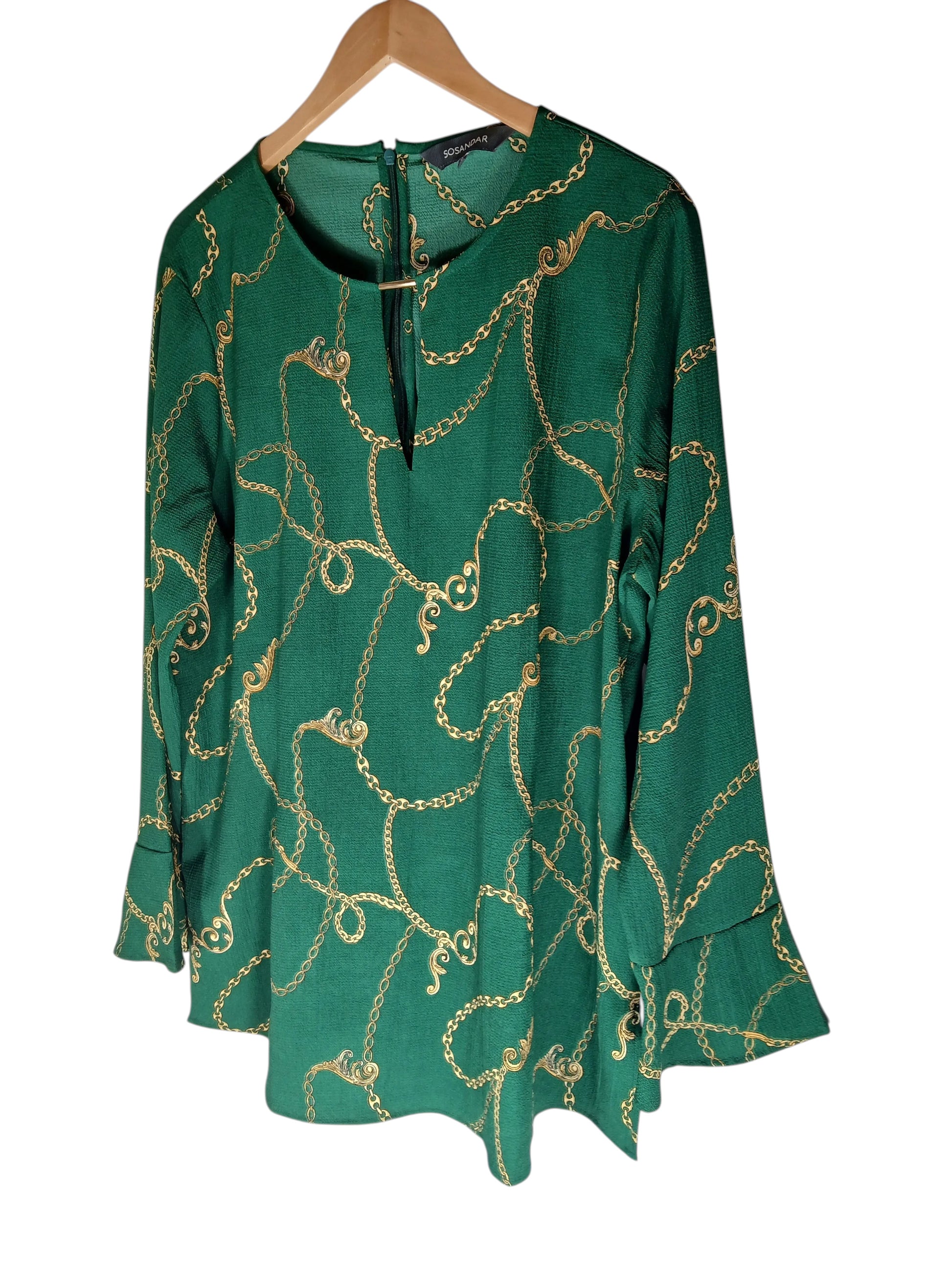 Department Store UK pre-loved Sosandar green blouse featuring a gold rope print, keyhole neckline, and flared sleeves.