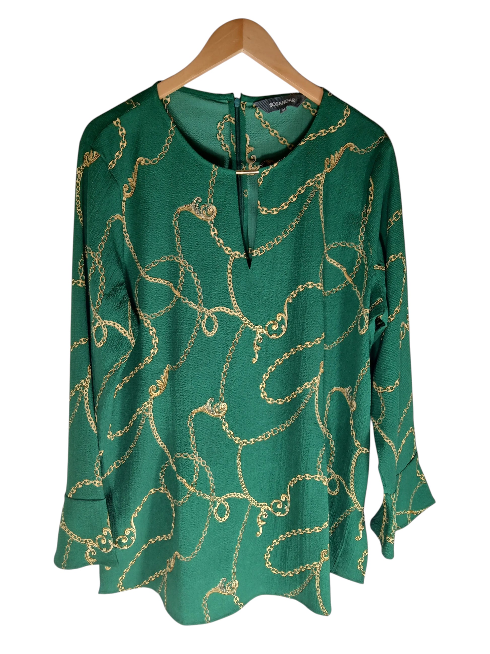 Department Store UK pre-loved Sosandar green blouse with a gold rope print, featuring a keyhole neckline.