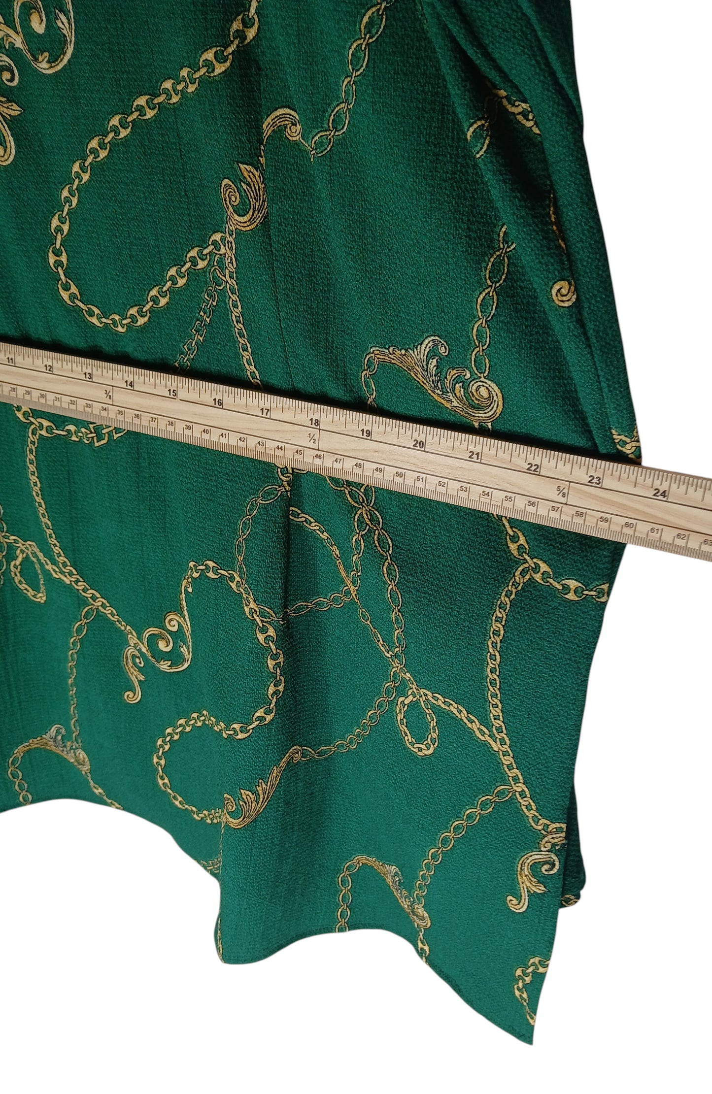 Department Store UK pre-loved Sosandar green blouse with gold rope print pattern and measuring tape for scale