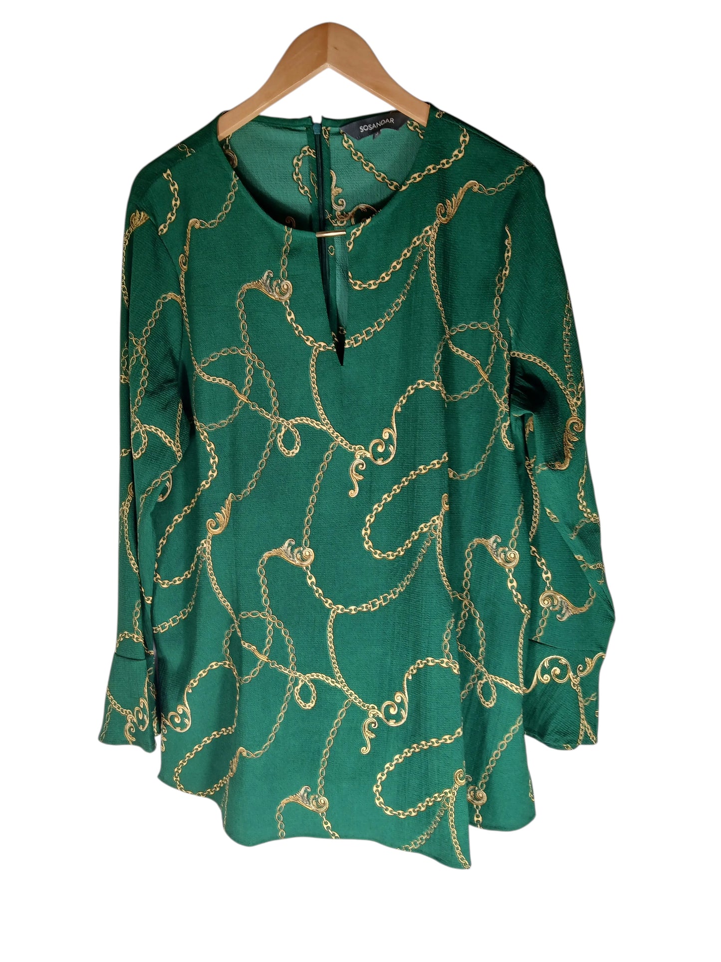 Department Store UK pre-loved Sosandar green blouse with a gold rope and chain print, featuring a round neckline.