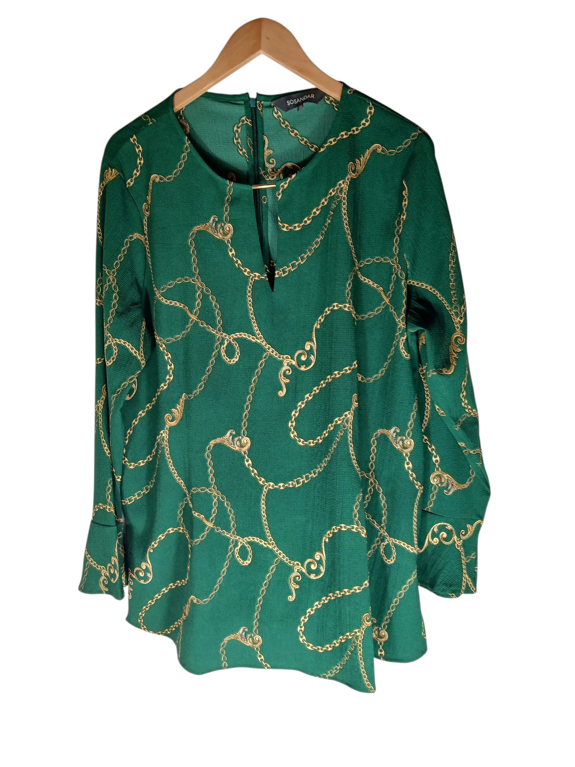 Department Store UK pre-loved Sosandar green blouse with a gold rope and chain print, featuring a round neckline.
