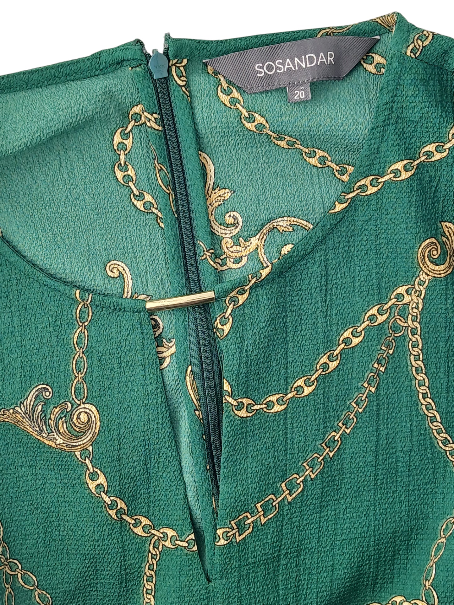 Department Store UK pre-loved Sosandar green blouse featuring a gold rope and chain print with a metal neck detail.