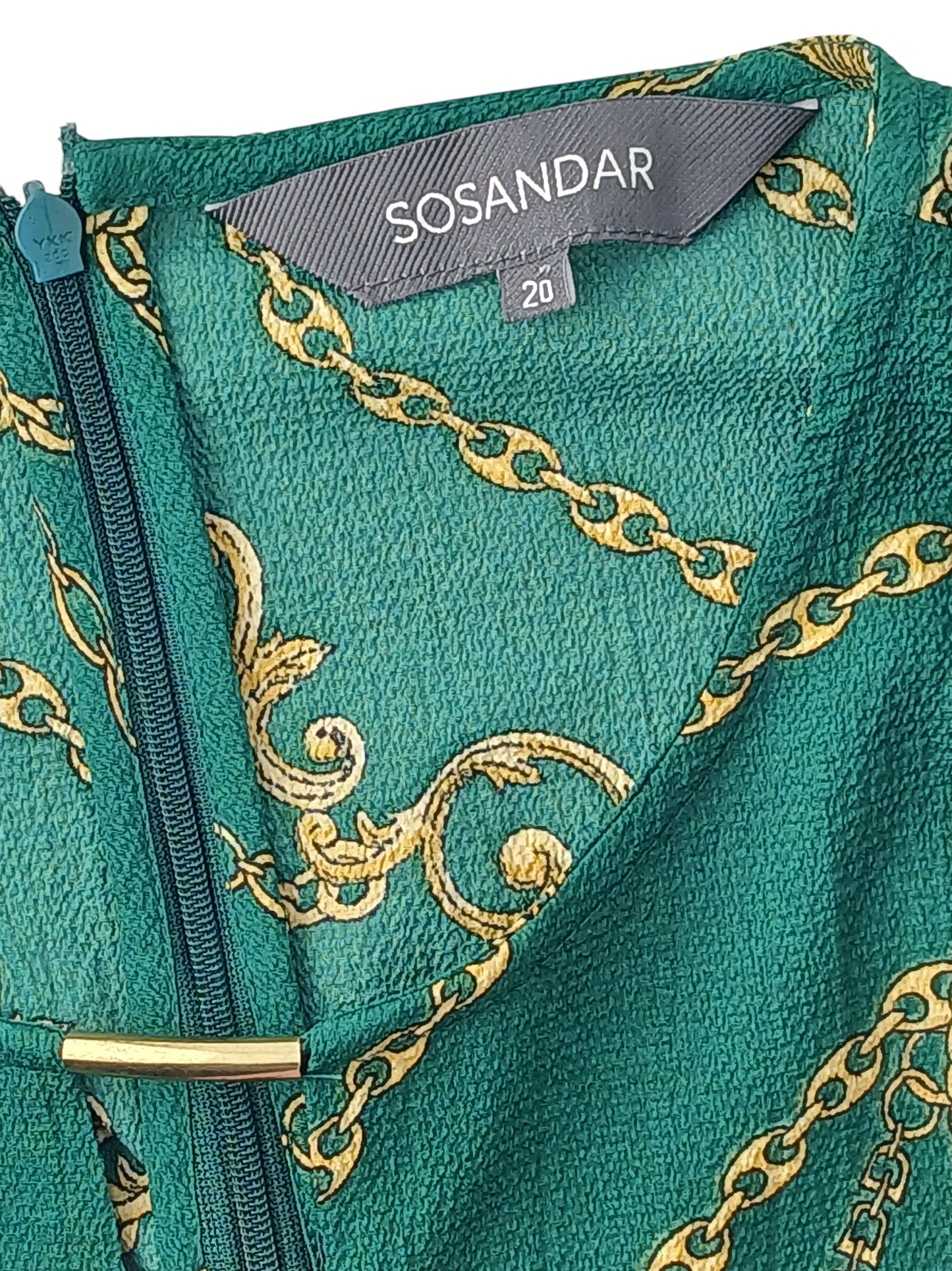 Department Store UK pre-loved Sosandar blouse featuring a vibrant green and gold rope and chain print pattern.