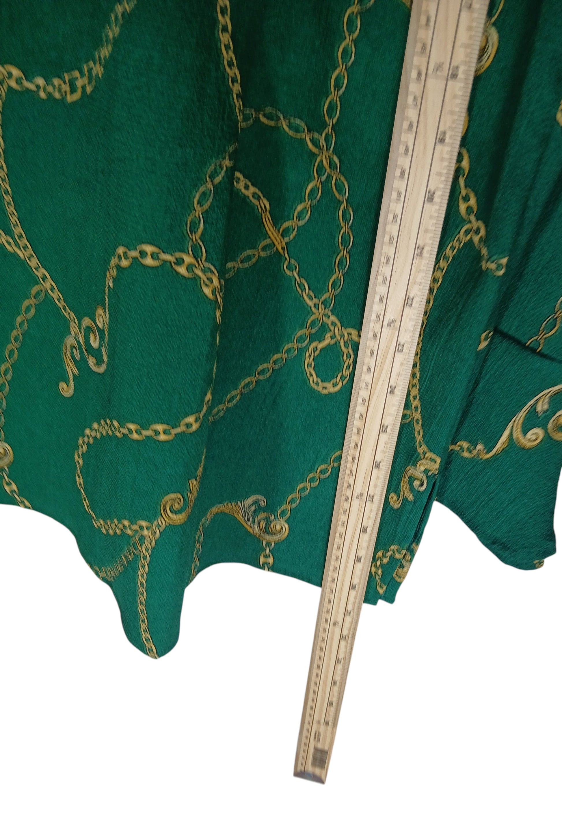 Department Store UK pre-loved Sosandar green blouse with gold rope print pattern and measuring ruler for scale