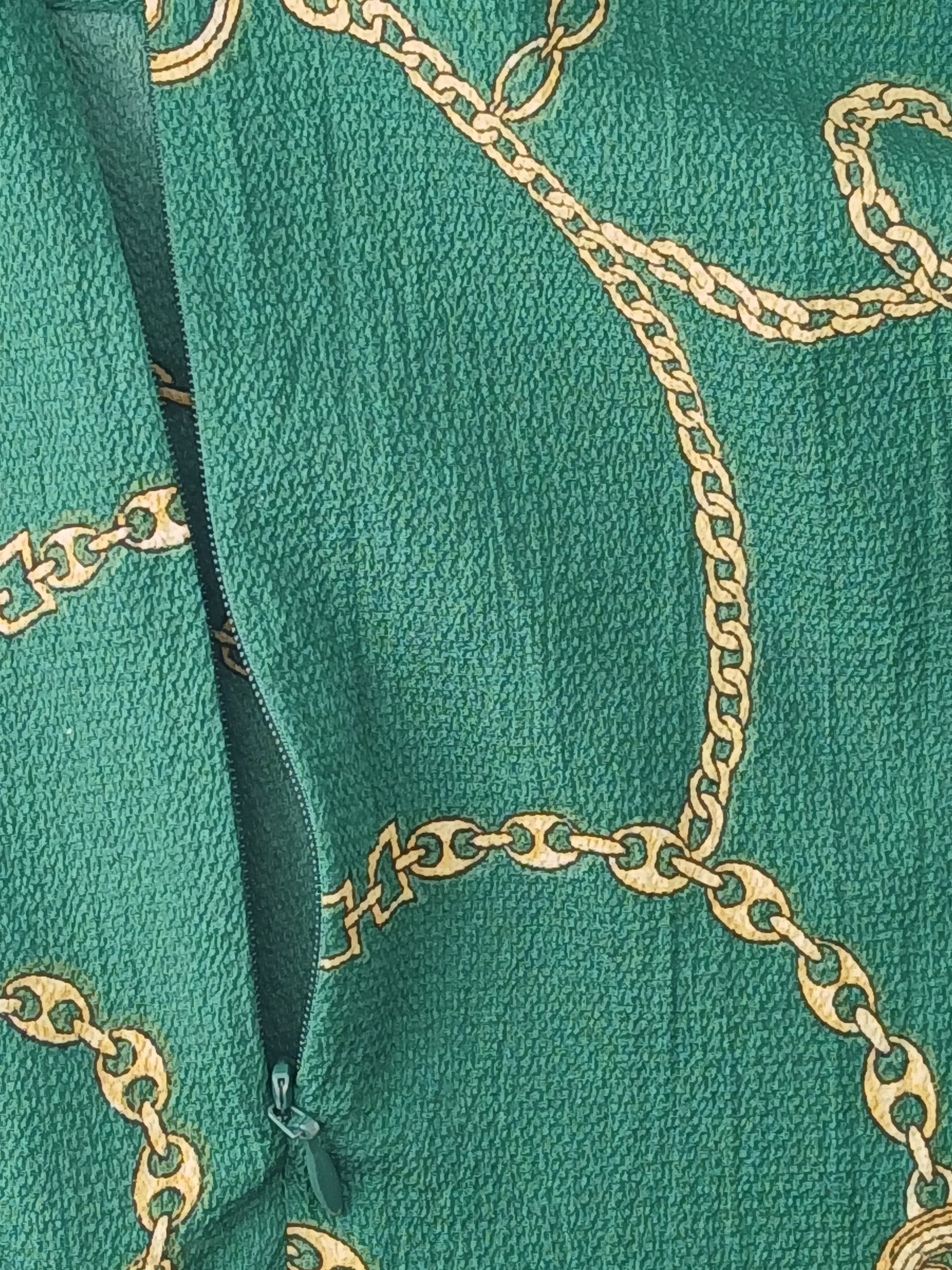 Department Store UK pre-loved Sosandar blouse featuring a green fabric with a gold chain and rope print pattern