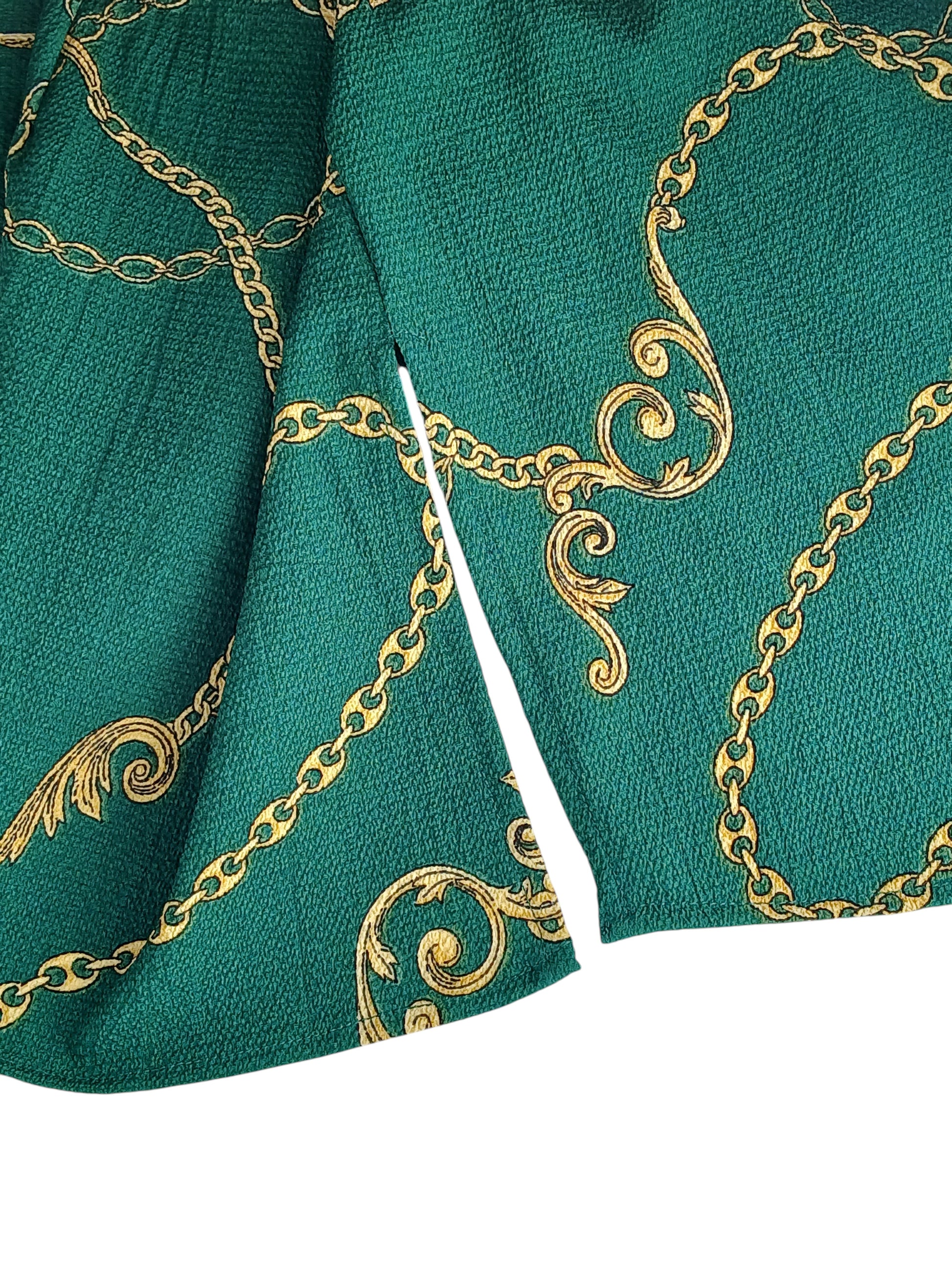 Department Store UK Sosandar blouse featuring a green fabric with a detailed gold rope and scroll print pattern