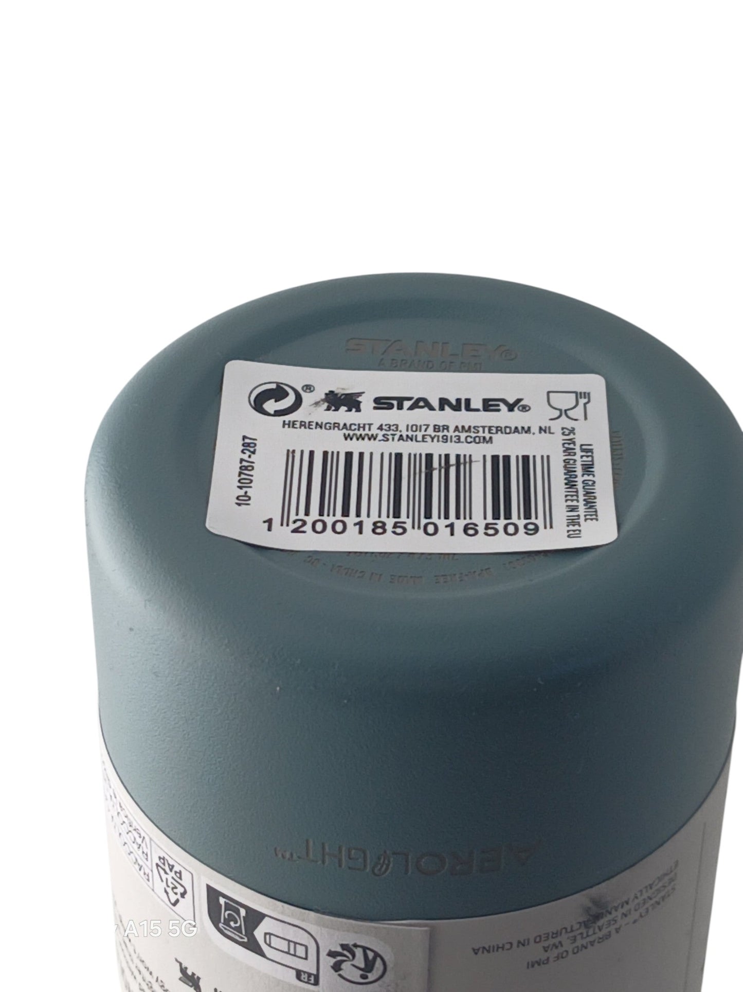 Department Store UK Stanley Aerolight Transit Mug base with product information label and barcode in blue steel