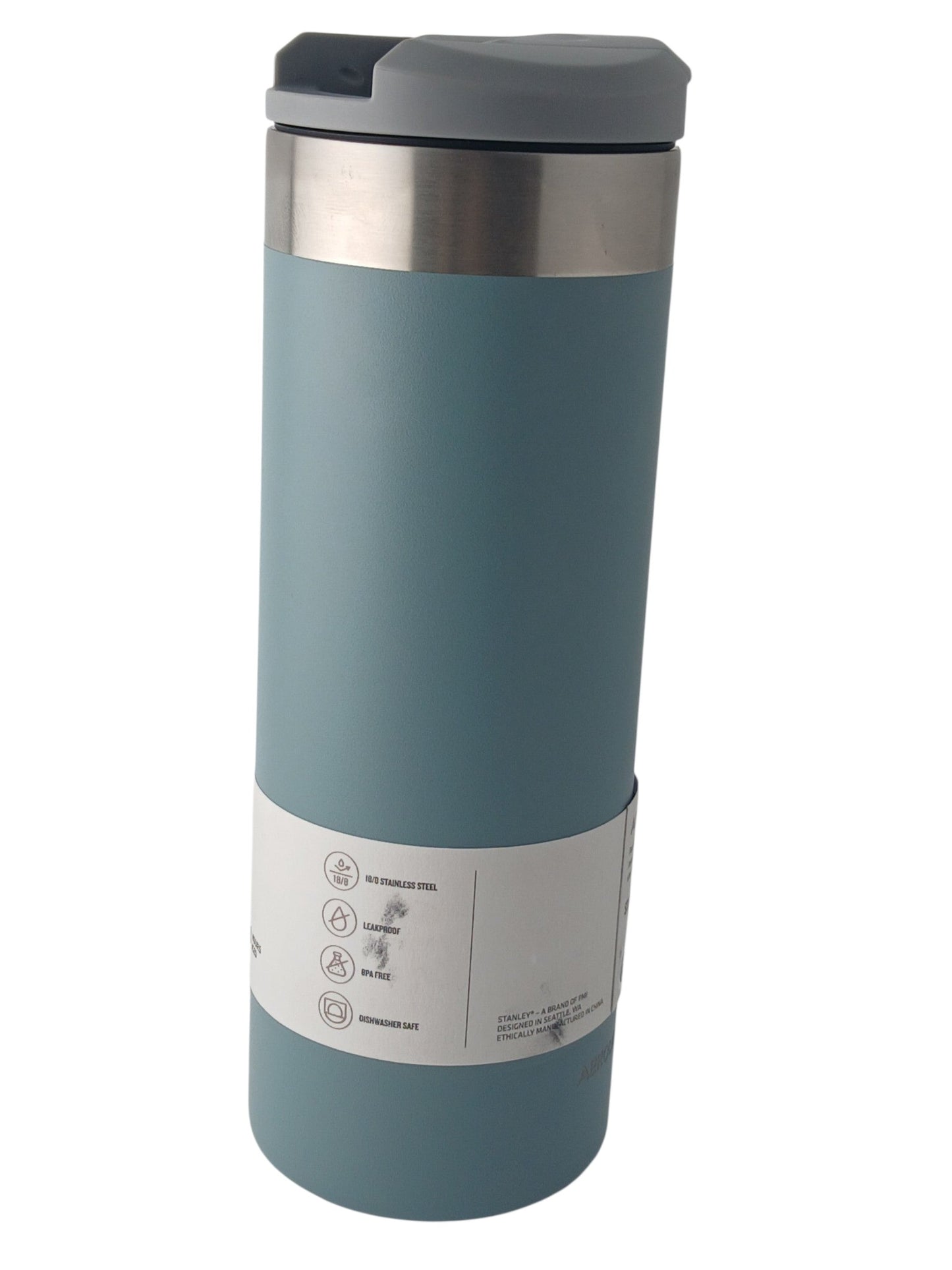 Department Store UK Stanley Aerolight Transit Mug in blue stainless steel with a leakproof grey lid and product label