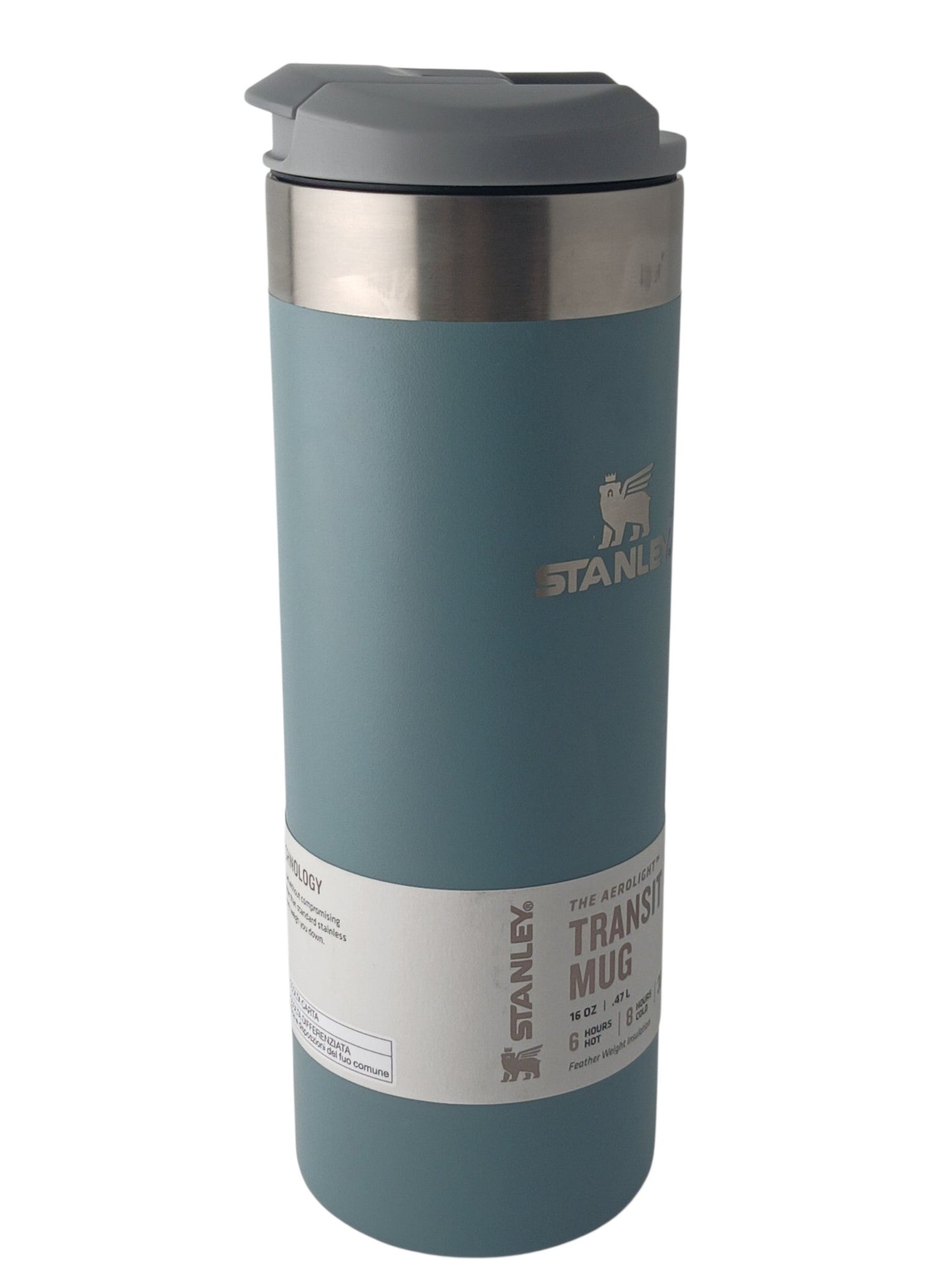 Department Store UK Stanley Aerolight Transit Mug in blue stainless steel with a leakproof grey lid