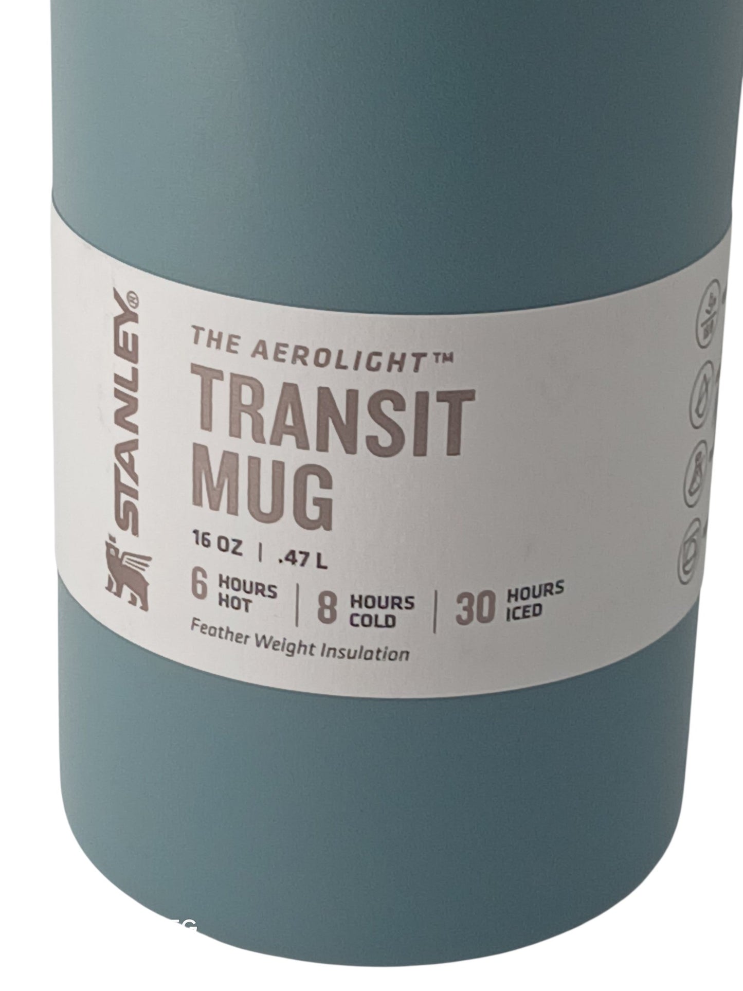 Department Store UK Stanley Aerolight Transit Mug in blue with product label showing thermal insulation details