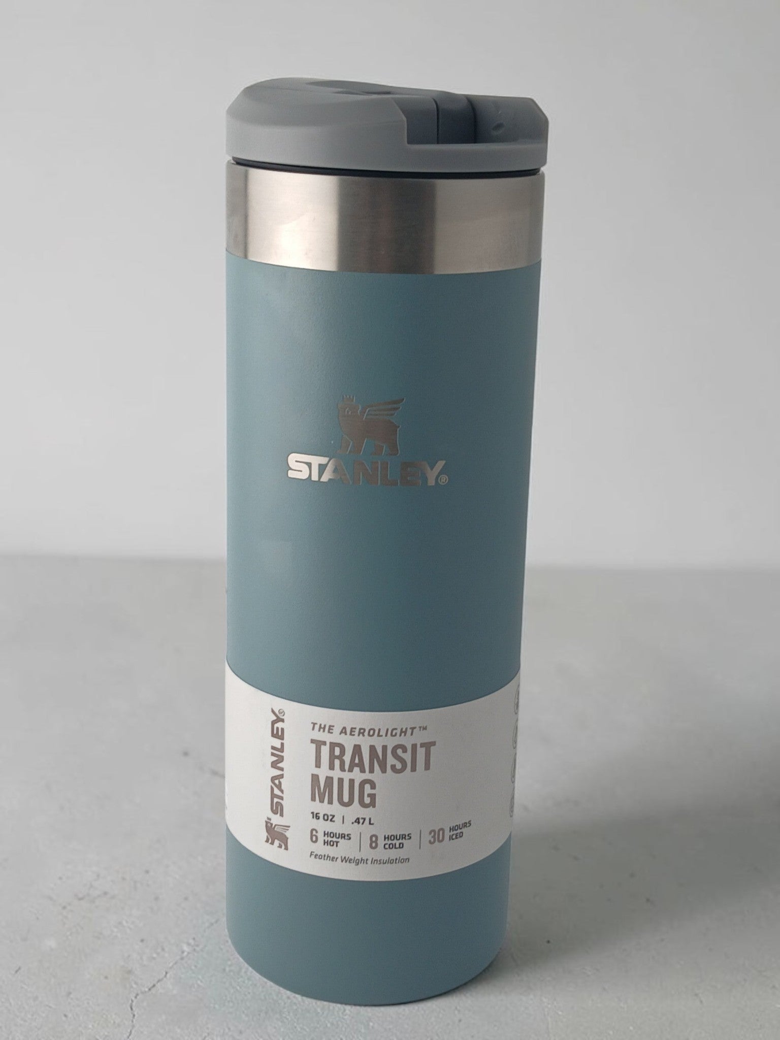 Department Store UK Stanley Aerolight Transit Mug in blue stainless steel with a leakproof grey lid