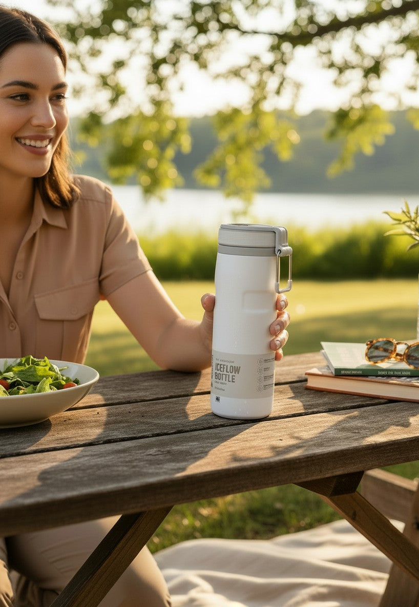 Department Store UK Stanley Aerolight Iceflow white stainless steel water bottle held by a woman at a picnic table.