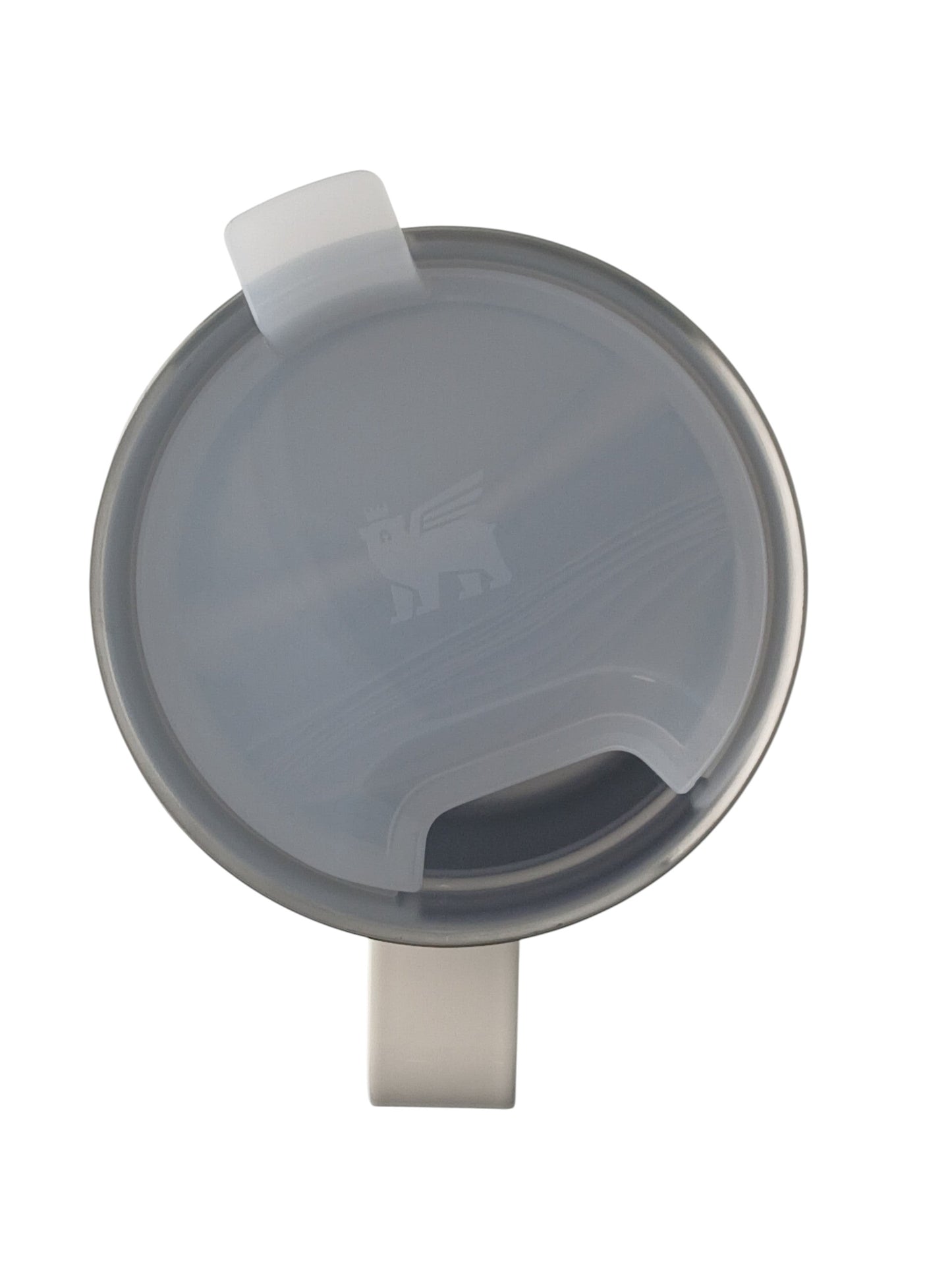 Department Store UK Stanley camp mug top view showing the cream finish, stainless steel rim, and clear Tritan lid.