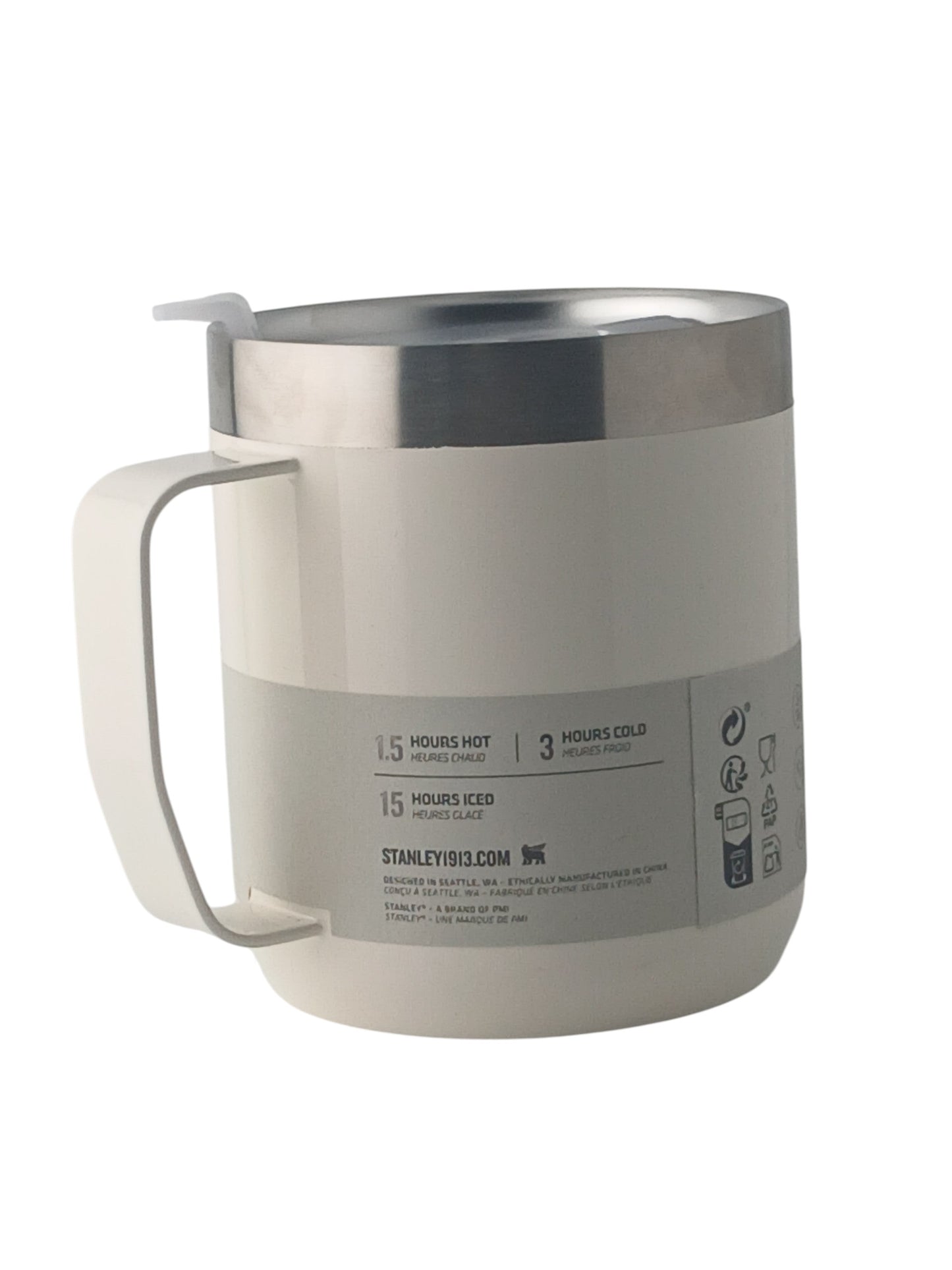 Department Store UK cream Stanley stainless steel camp mug with splash-resistant lid and vacuum insulation