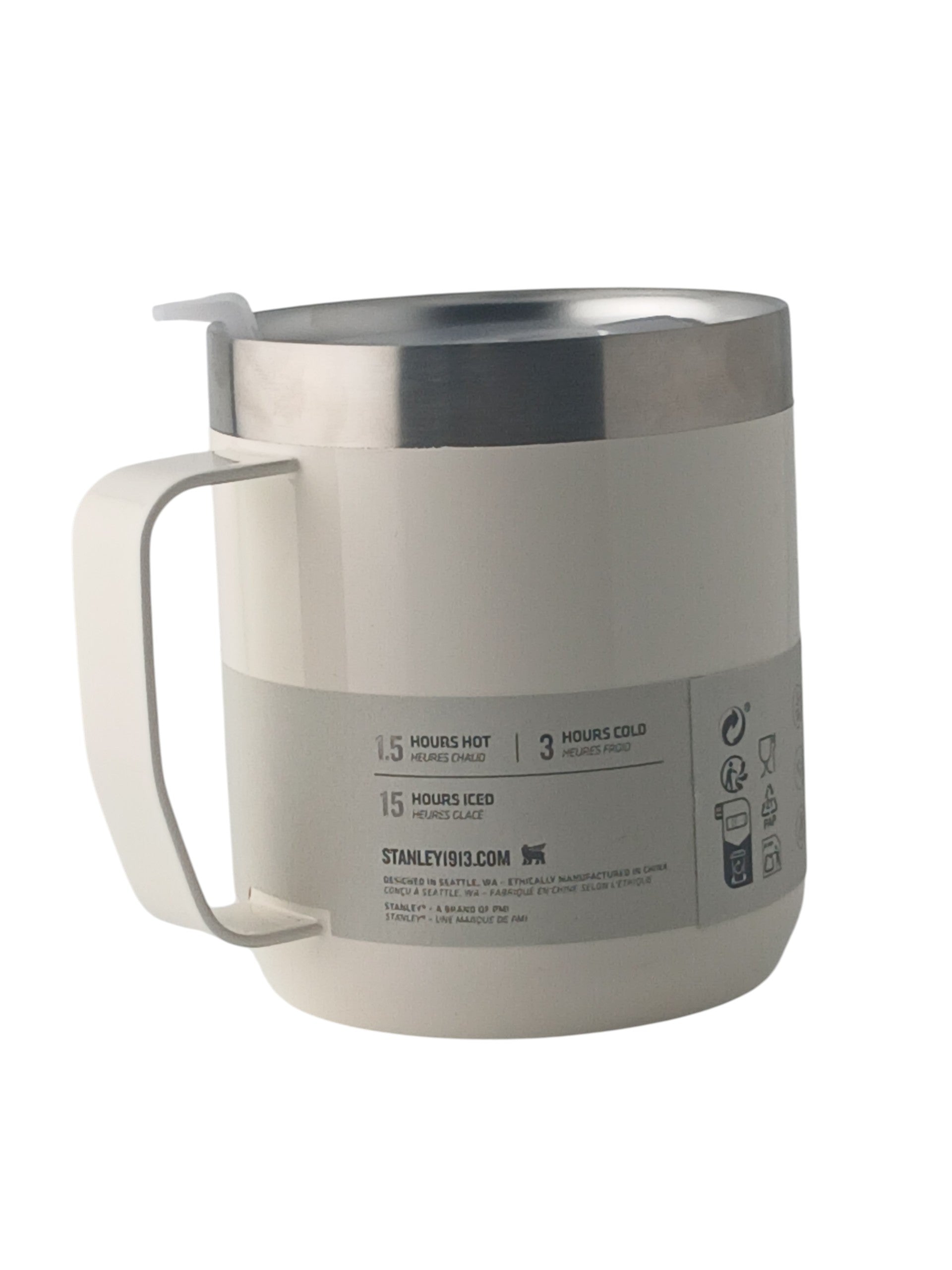 Department Store UK cream Stanley stainless steel camp mug with splash-resistant lid and vacuum insulation