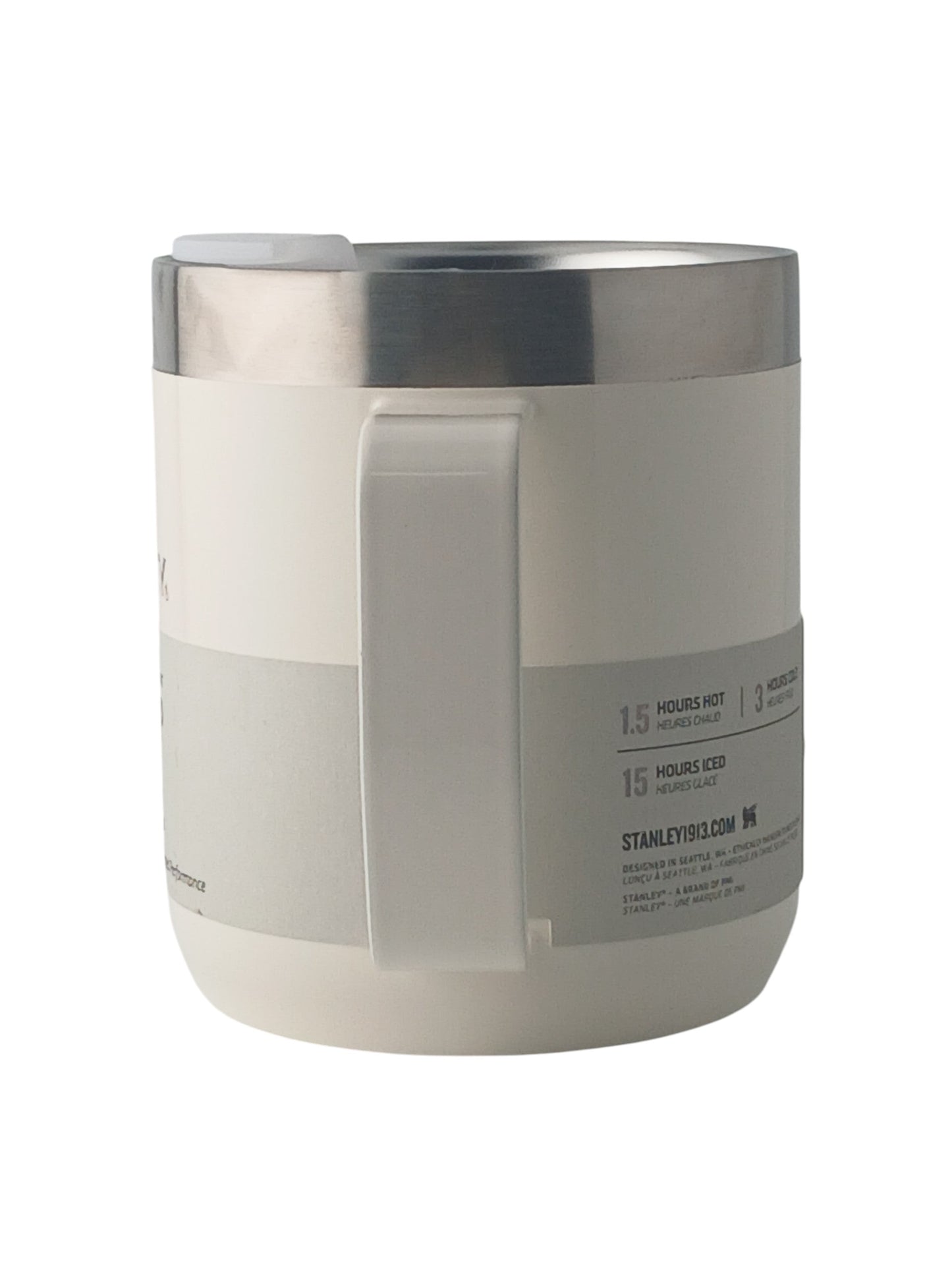 Department Store UK Stanley cream stainless steel camp mug with ergonomic handle and splash-resistant lid