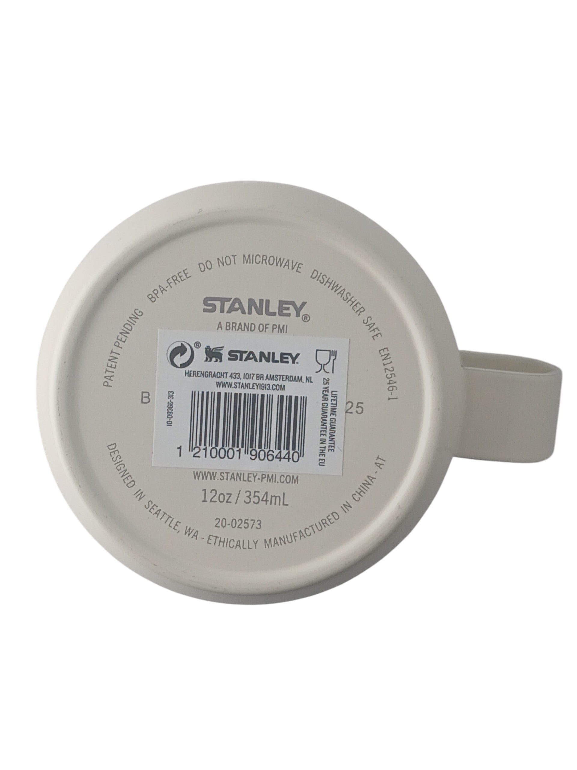 Department Store UK Stanley camp mug base showing product information label and branding on cream stainless steel