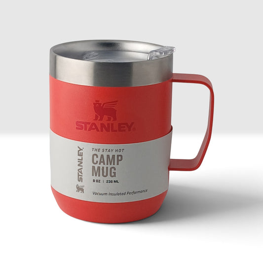 Department Store UK Stanley red stainless steel insulated 236ml camp mug with clear Tritan lid and ergonomic handle