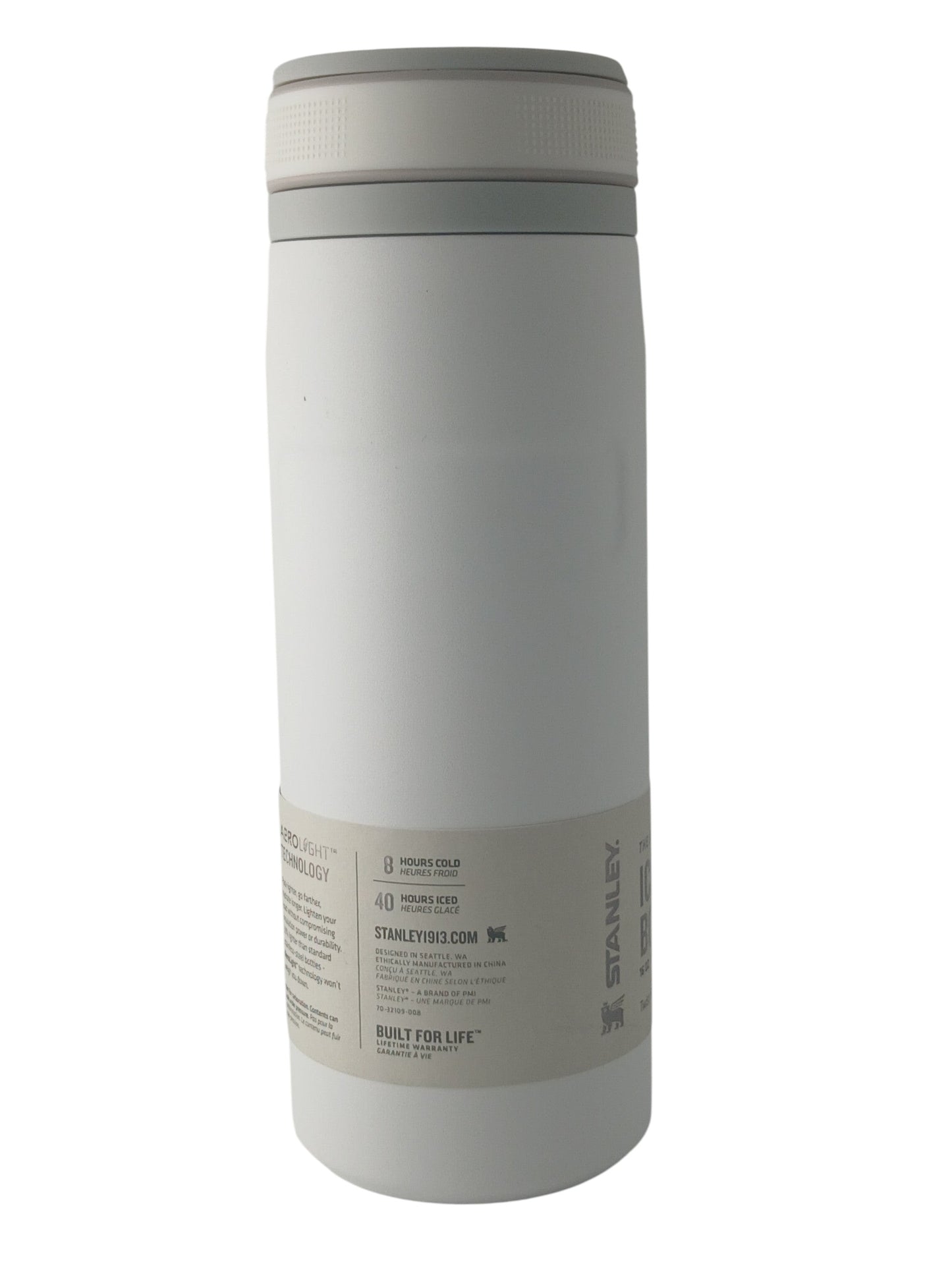 Department Store UK Stanley Aerolight Iceflow white stainless steel water bottle with a grey leakproof lid.