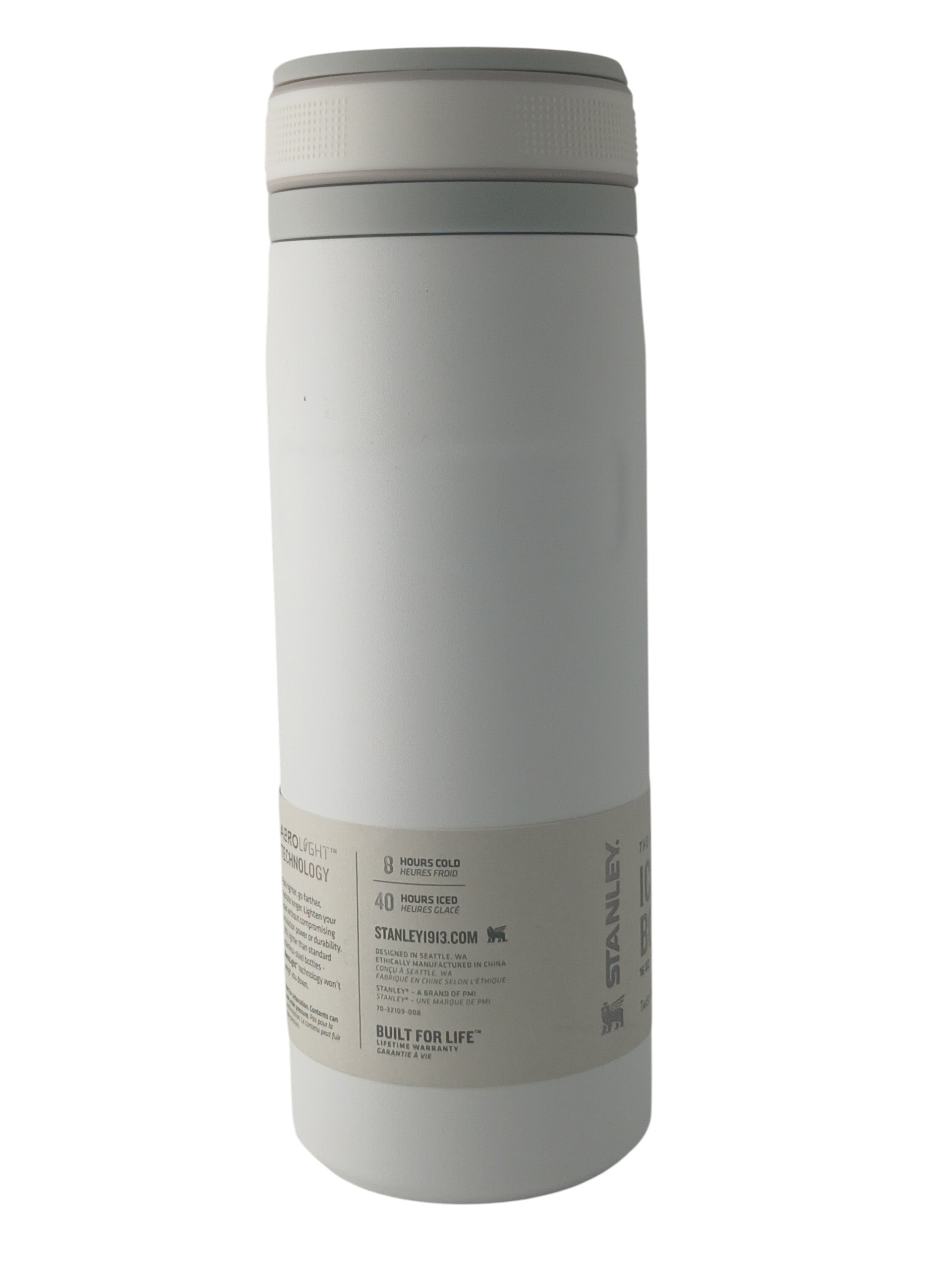 Department Store UK Stanley Aerolight Iceflow white stainless steel water bottle with a grey leakproof lid.