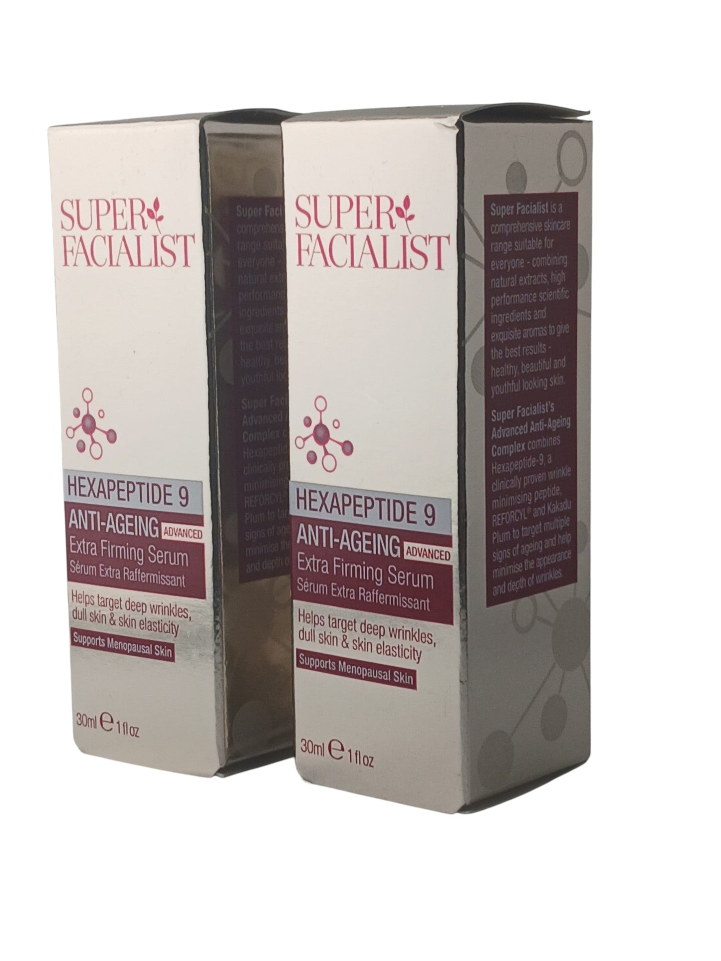 Department Store UK Super Facialist Hexapeptide 9 Anti-Ageing Extra Firming Serum twin pack in white and maroon boxes.