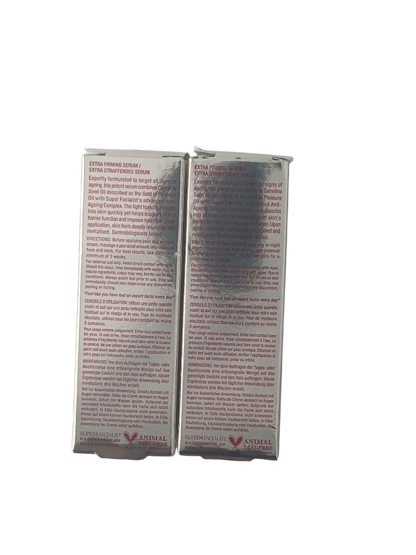 Department Store UK Super Facialist Hexapeptide 9 anti-ageing firming serum twin pack boxes, back view with instructions