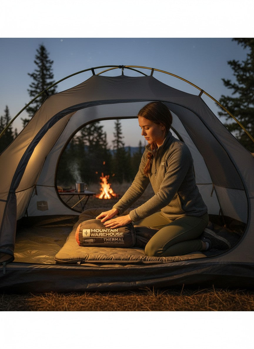 Department Store UK Mountain Warehouse thermal mummy sleeping bag liner in a tent with a woman camping at sunset