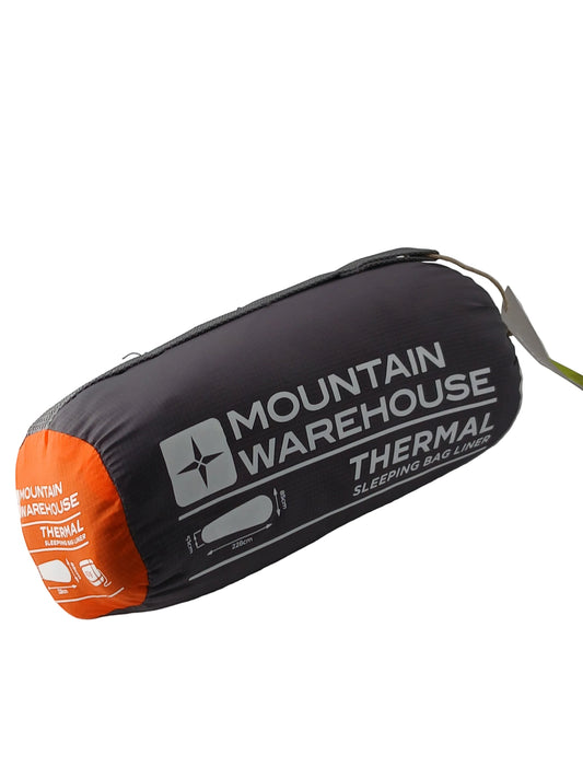 Department Store UK Mountain Warehouse thermal mummy sleeping bag liner in a grey and orange storage bag