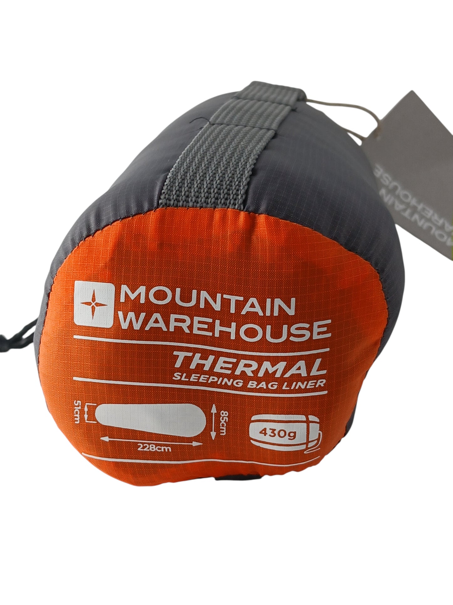 Department Store UK Mountain Warehouse thermal mummy sleeping bag liner in a grey and orange storage bag