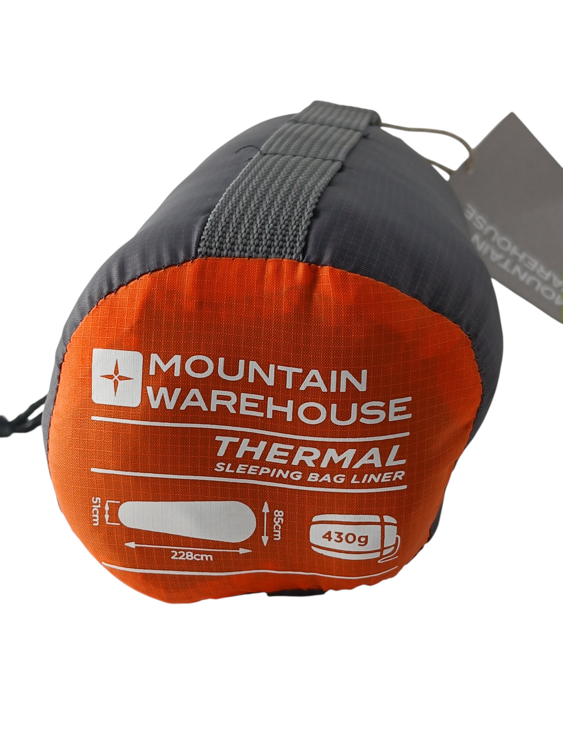 Department Store UK Mountain Warehouse thermal mummy sleeping bag liner in a grey and orange storage bag