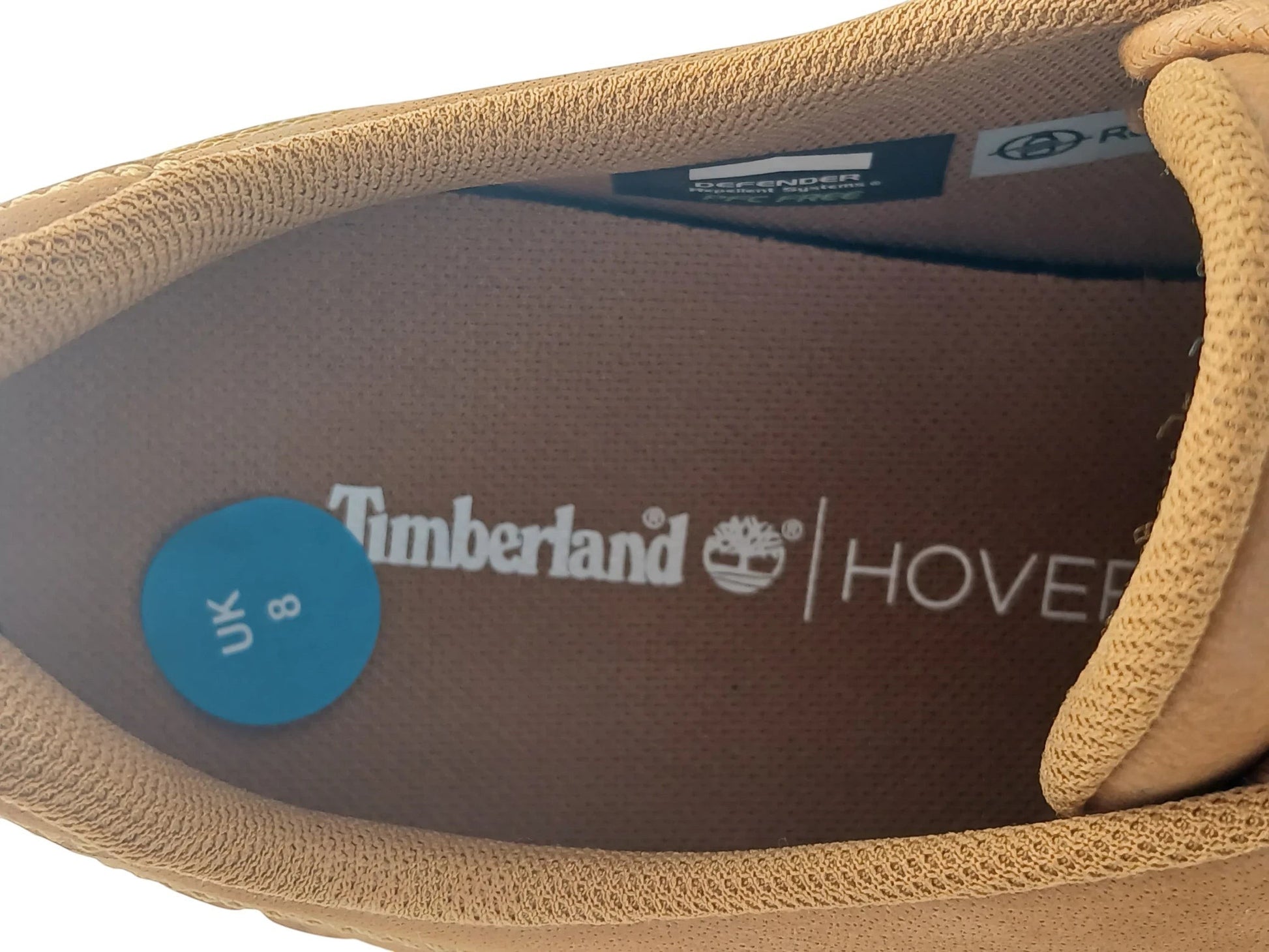 Department Store UK Timberland sneaker interior showing tan lining, HoverLite branding, and UK size 8 sticker