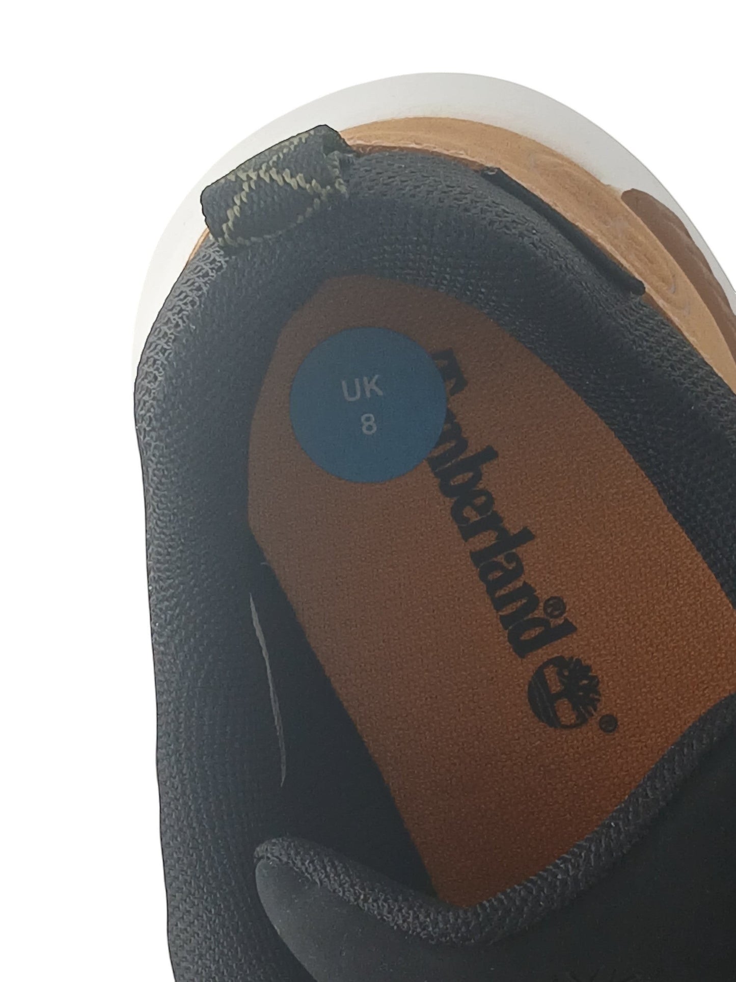 Department Store UK Timberland lace up trainer interior showing tan nubuck leather, black mesh collar and size UK 8