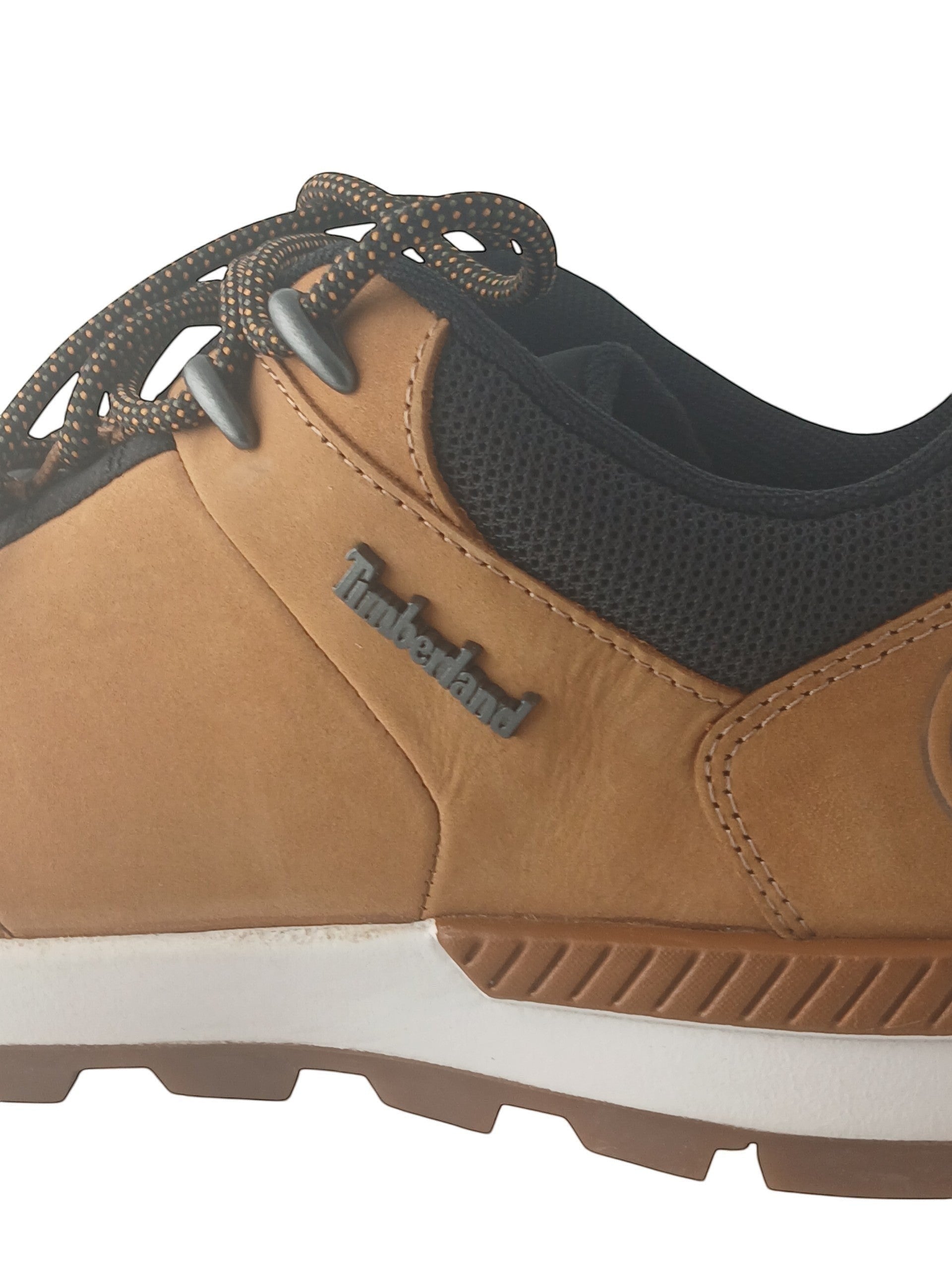 Department Store UK Timberland tan nubuck leather lace-up trainers with black mesh detail and white midsole